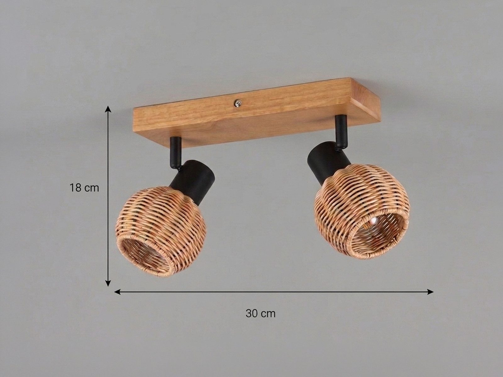 meineWunschleuchte Deckenstrahler Rattan-Lampe mit Holz, Breite 30cm, ohne Leuchtmittel, Innen Deckenleuchte, Korblampe skandinavisch mit 2 Strahler, Holzlampe – Bild 4 von 5