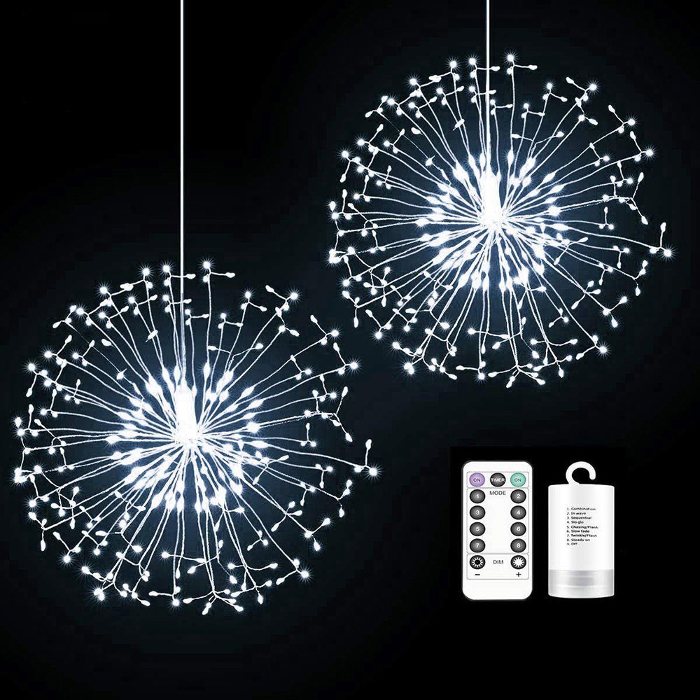 Sunicol LED-Lichterkette Feuerwerk, Starburst Beleuchtun, Wasserdicht, 8 Modi Batteriebetrieben, mit Fernbedienung,Timer für Außen Innen Garten Weihnachten Deko Weiß