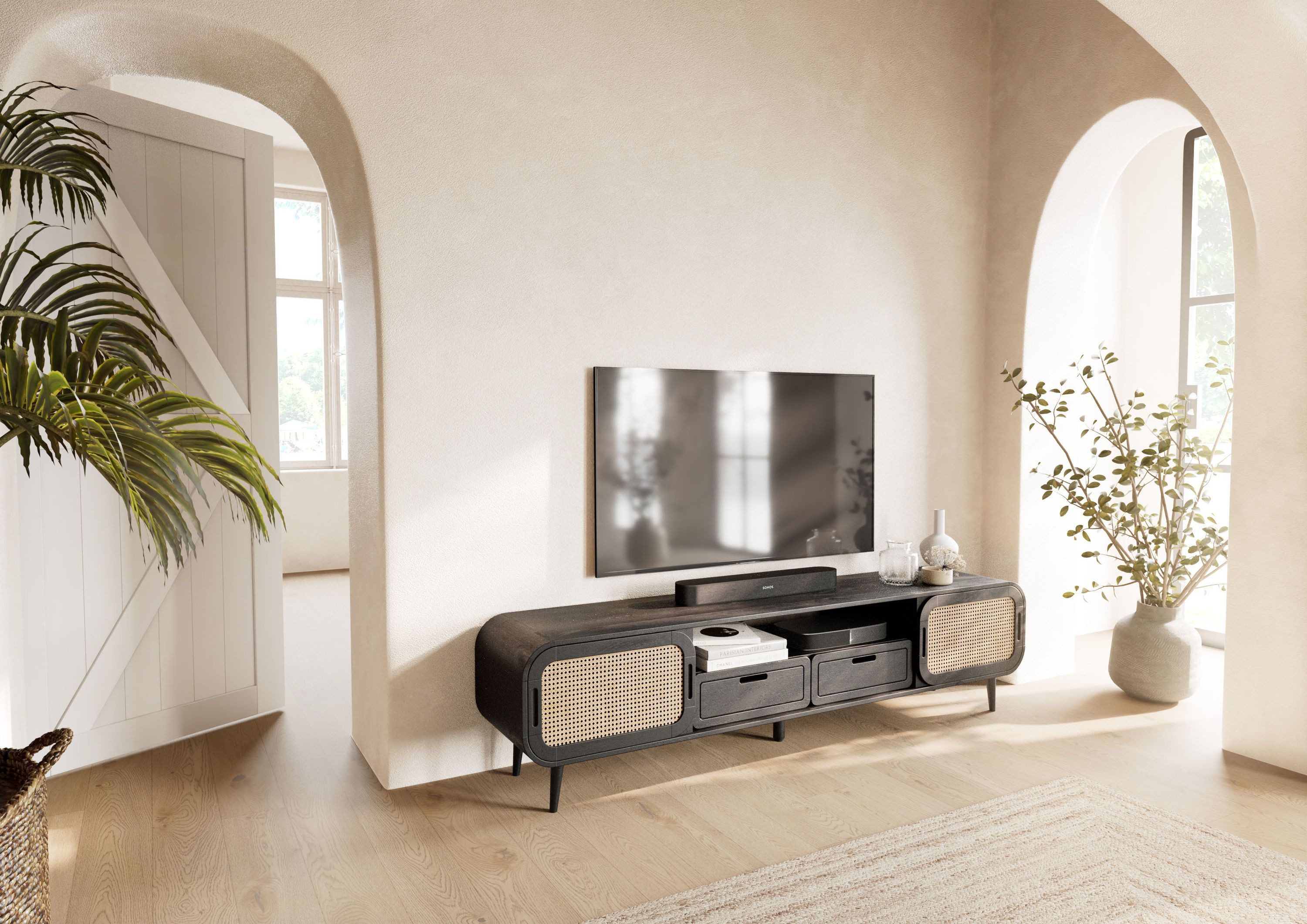 Massivmoebel24 TV-Board VALENCIA (Massivholz), Mango 200x40x50 dunkelgrau lackiert VALENCIA #223