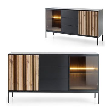 Lomadox Kommode SIBARI-160, Kommode, Sideboard, schwarz, Wotan Eiche Nb., grifflos