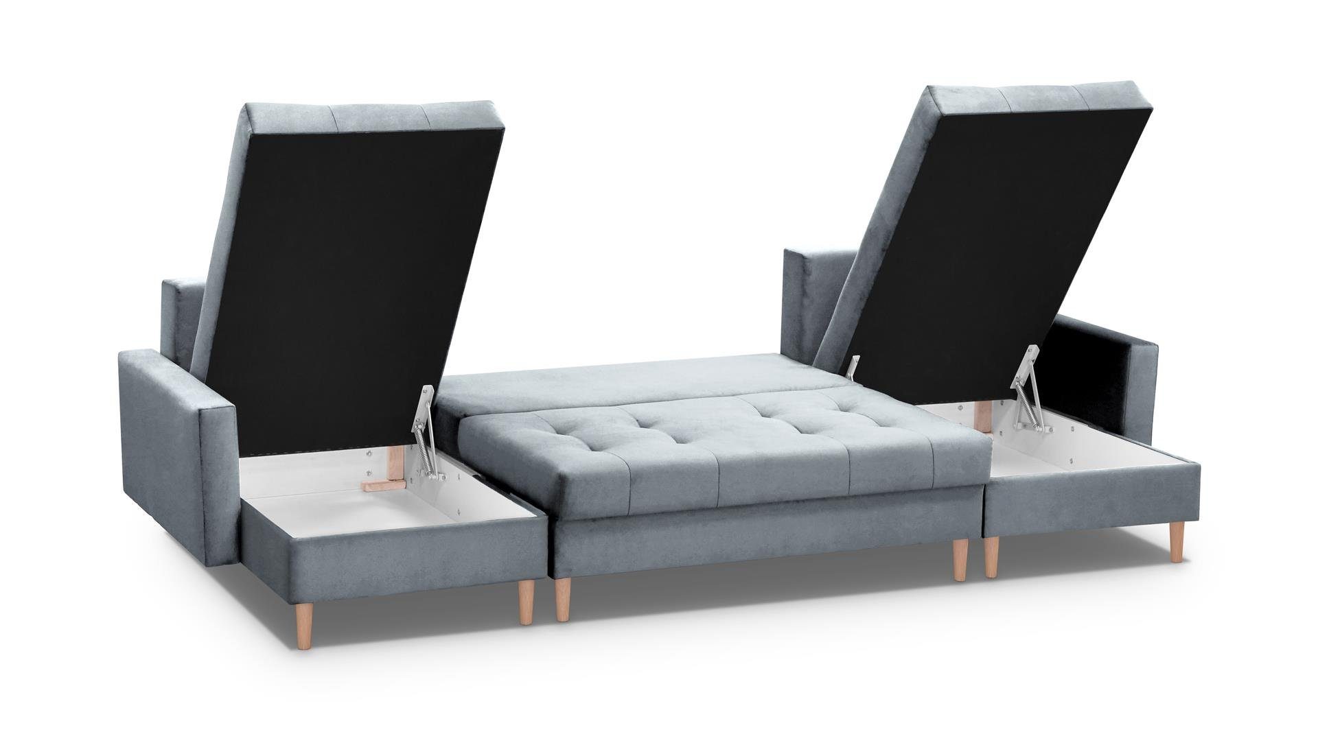 Ecksofa Bettkasten, Kissen + Schlaffunktion HALANT und (paros U Beautysofa grau Sofa, Velour Ecksofa mit 05)