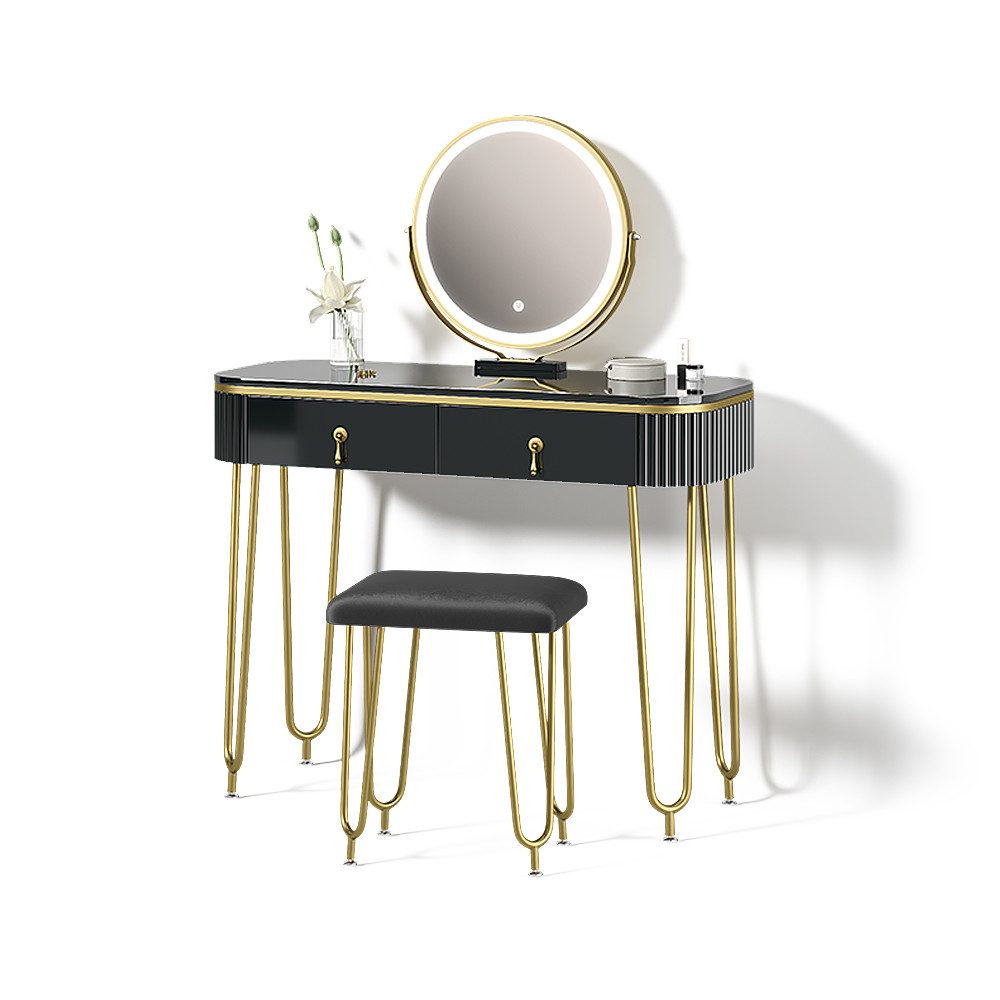 Livinity® Schminktisch Isonca, Schwarz, mit LED Beleuchtung und Hocker (2-St)