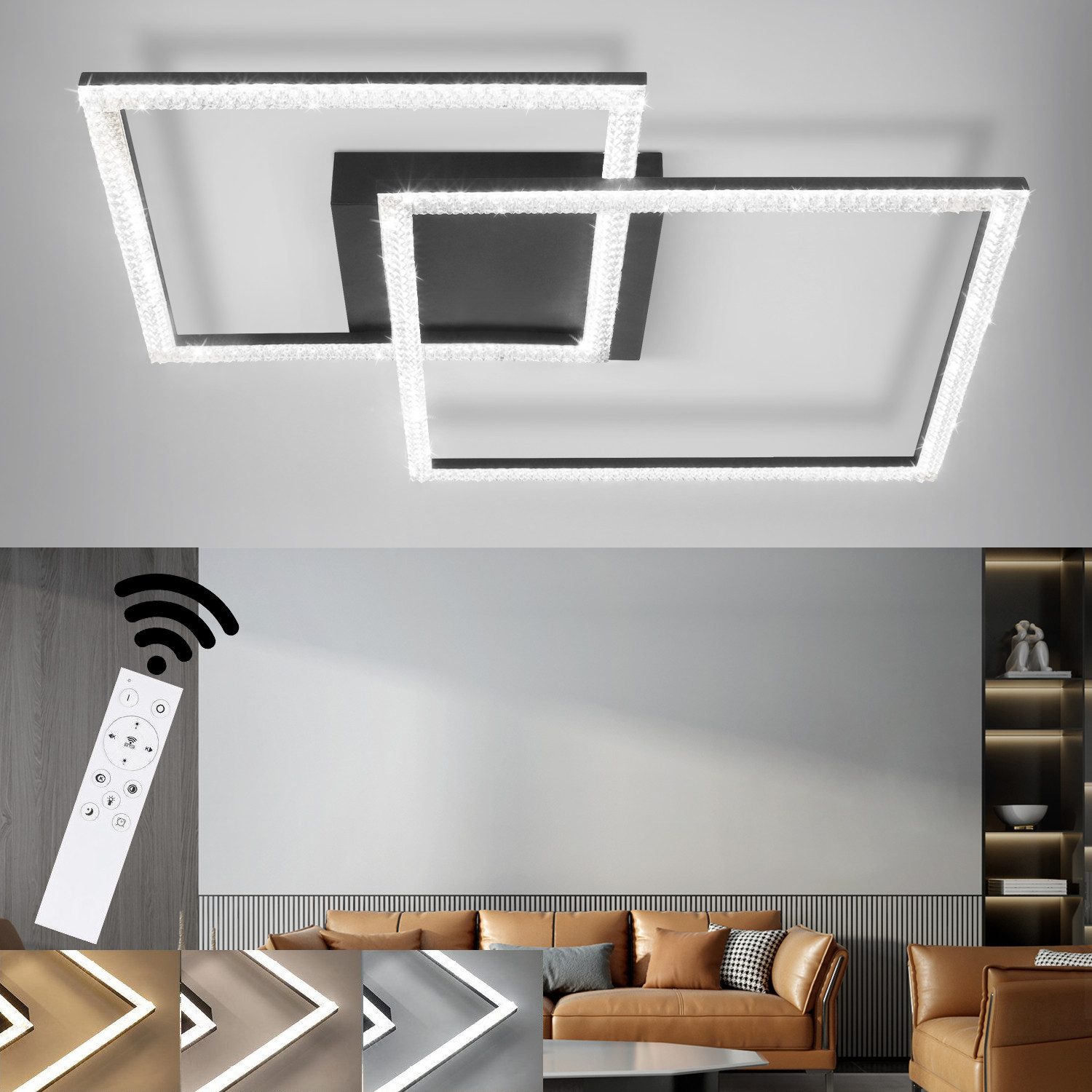 ZMH LED Deckenleuchte zwei Quadrat Kristall Modern LEDs 50W 57*48cm, LED fest integriert, warmweiß-kaltweiß, LED fest integriert