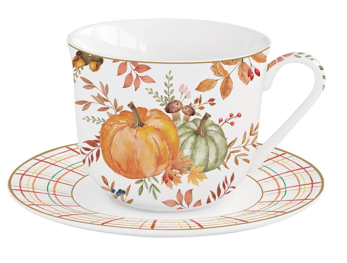 EasyLife Tasse Harvest, Porzellan, Spülmaschinengeeignet, Mehrfarbig, Kürbis, Blätter + Karos, H: 9.5cm