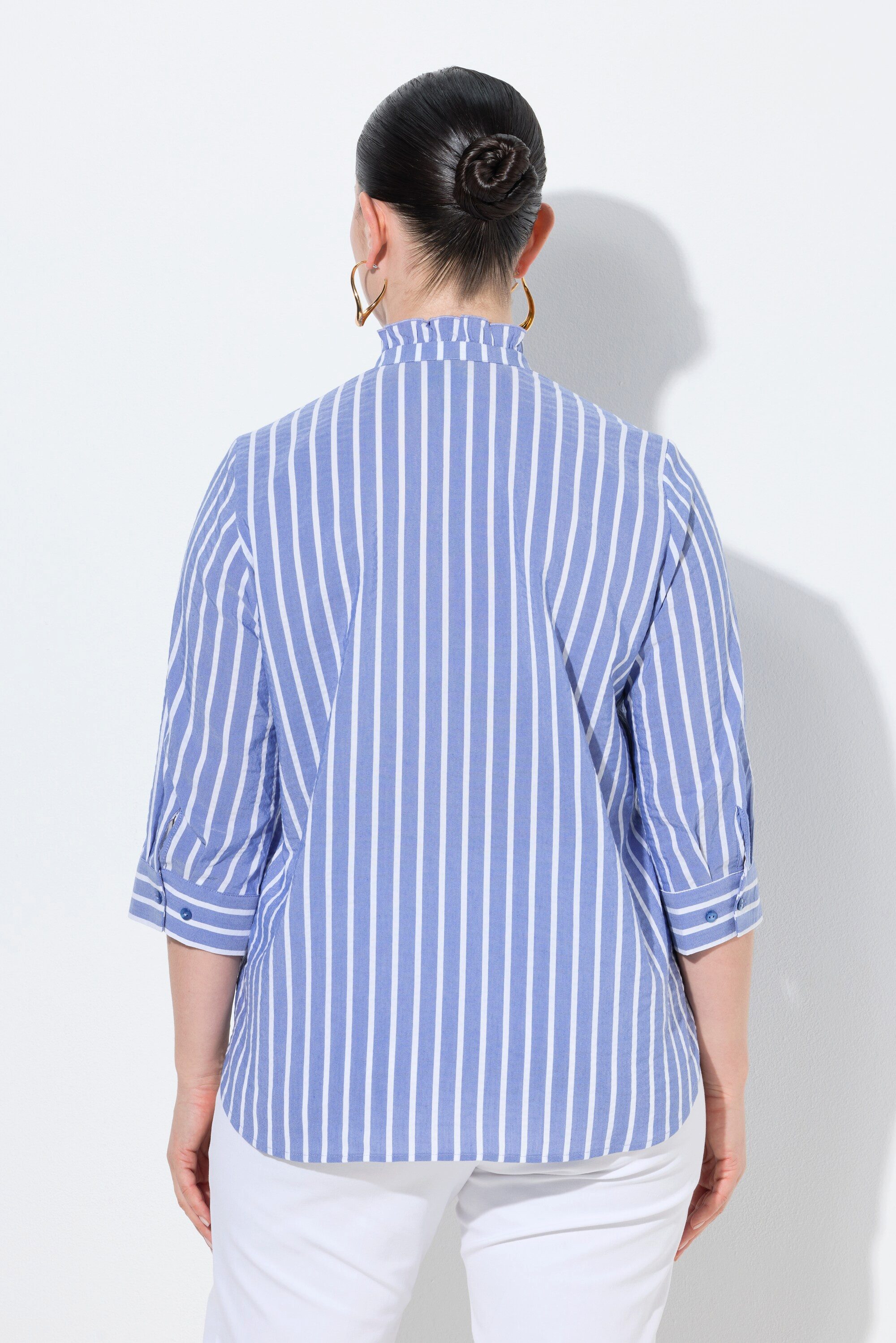 Ulla Popken Rüschenbluse Seersucker-Bluse A-Linie Stehkragen 3/4-Arm