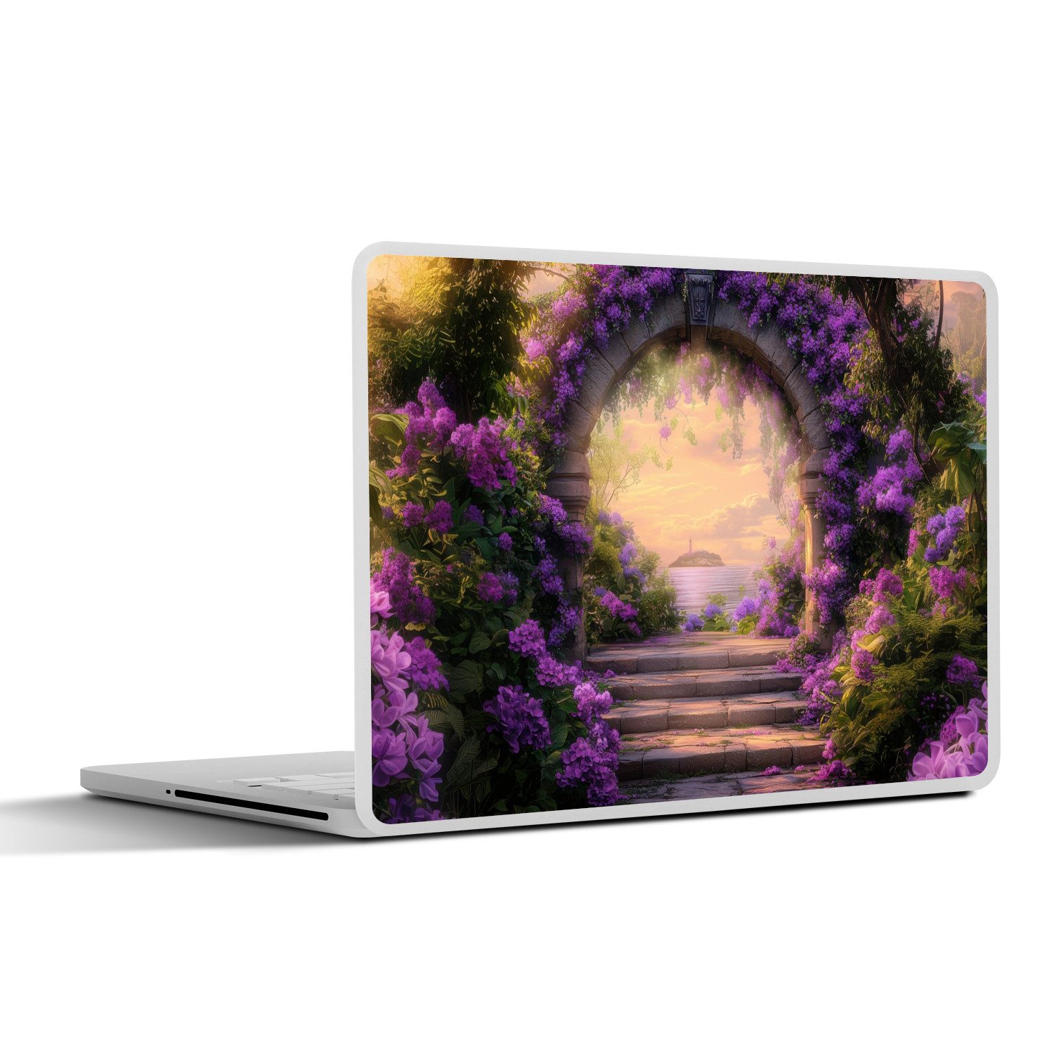 MuchoWow Laptop-Aufkleber Tor - Lila - Blumen, (1tlg), Laptop Folien Cover, Aufkleber, Sticker, Schutz vor Kratzern, 25x18 cm