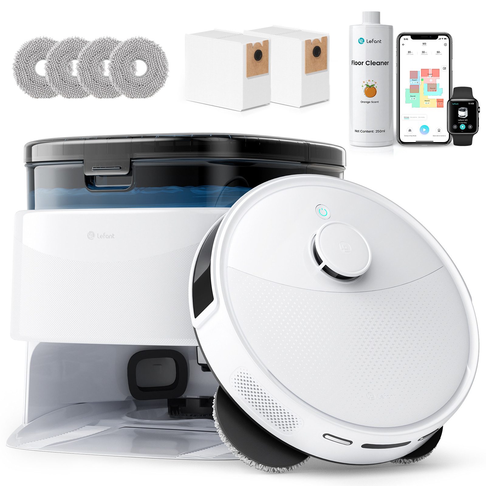 Lefant Saugroboter M3 Gen2, Staubsauger fur allergiker - Selbstreinigend, 60 W, mit Beutel, Selbstreinigend, Doppelschleuder-Mopps, V-förmige Doppelbürste, 220Min
