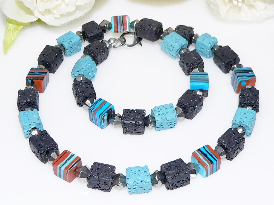 traumschmuck Kette ohne Anhänger 112b Halskette Würfel Malachit mehrfarbig türkis schwarz Lava schwarz (Geschenk, Muttertag, Weihnachten, Geburtstag, Valentinstag, incl. Schmuckbox), handgefertigt, Made in Germany