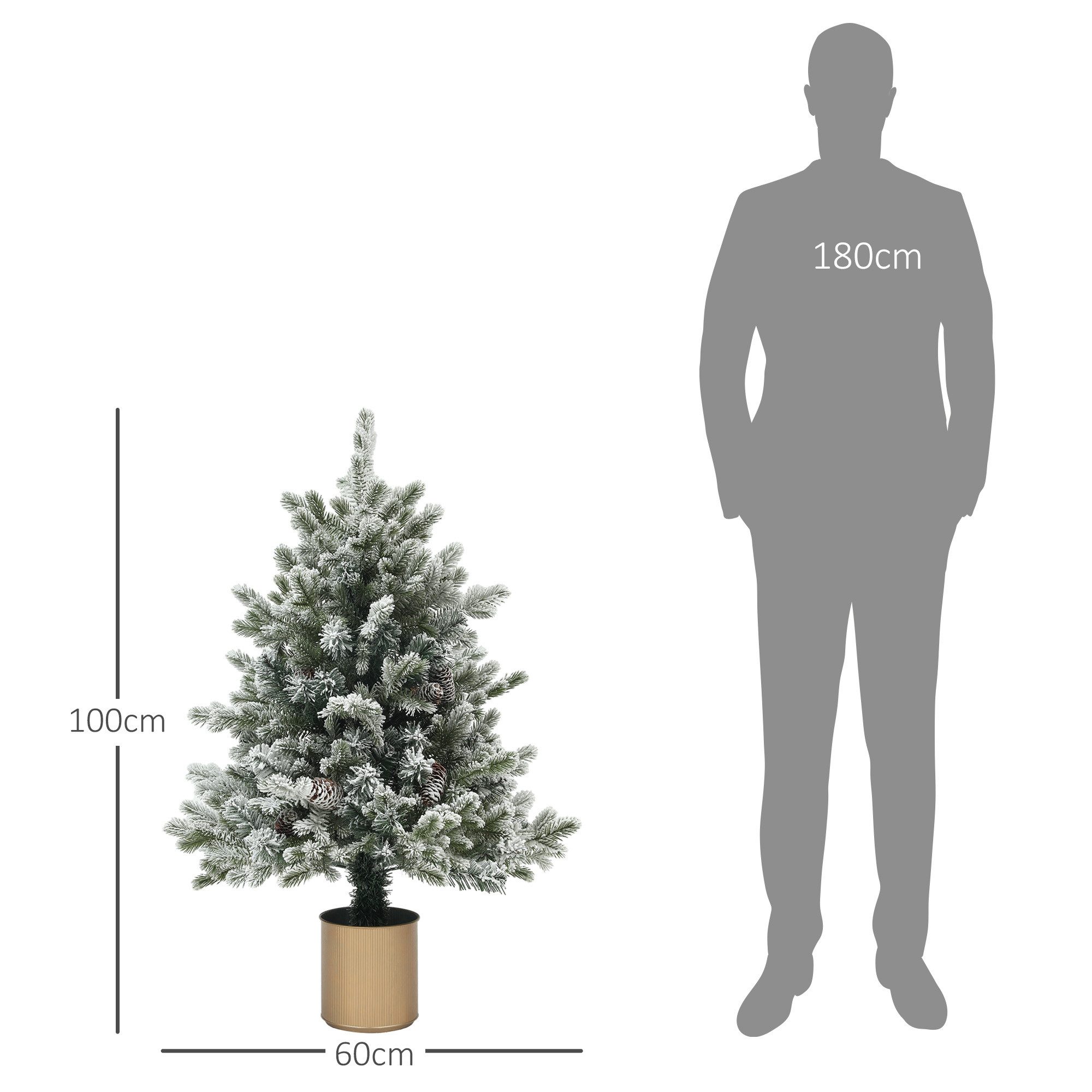 HOMCOM Künstlicher Weihnachtsbaum Tannenbaum mit Schnee, 130 Spitzen Christbaum mit Topf, Künstlicher Baum, für Weihnachten Deko, grün+gold