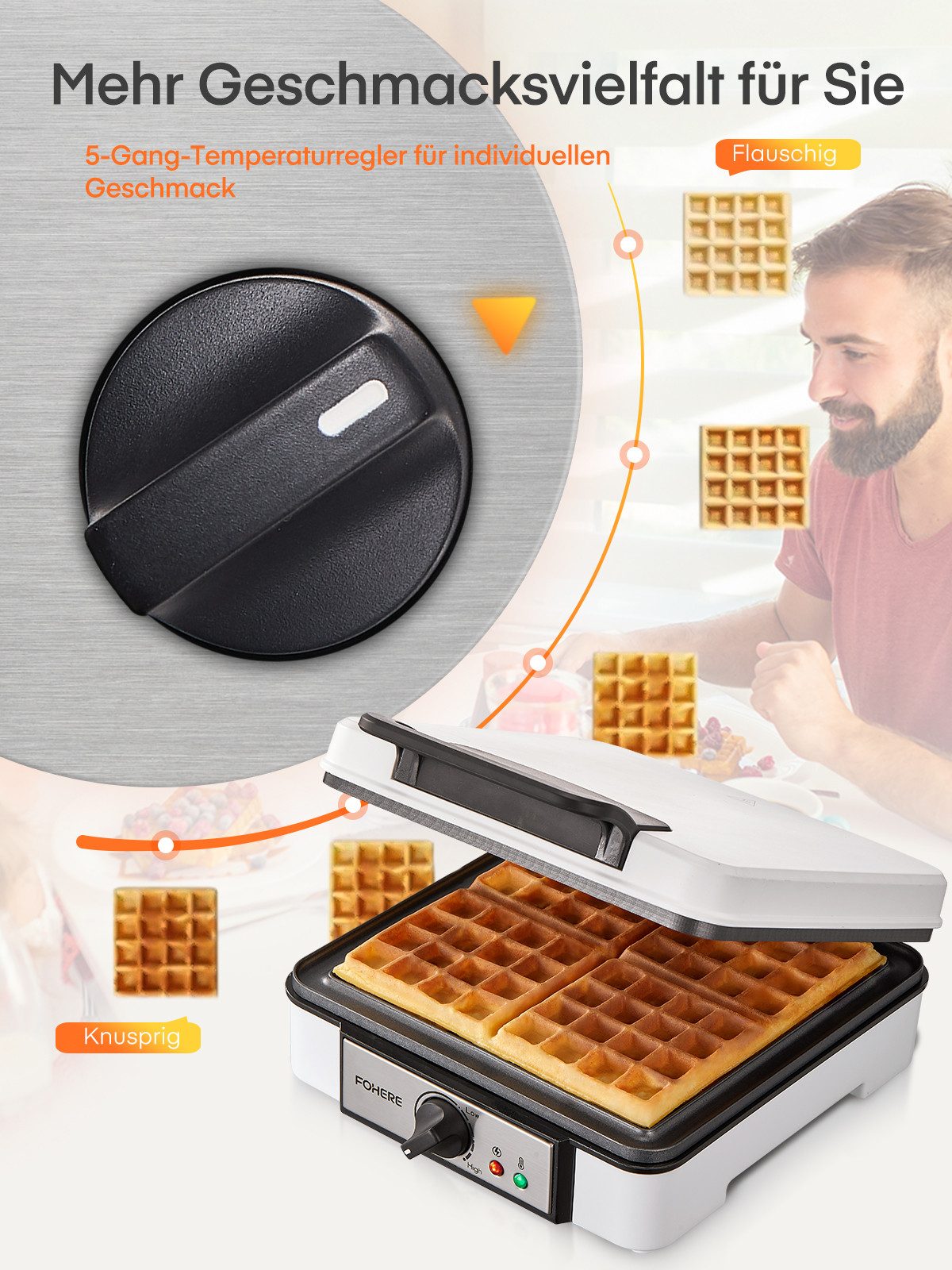 FOHERE Waffeleisen XXL 4er Waffeleisen, Paninigrill, Waffeltoaster mit Elektrogrill, 1200 W, sichere Cool-Touch-Technologie, individuelle Bräunungskontrolle – Bild 4 von 5