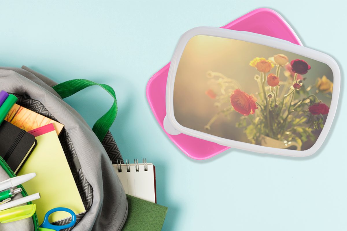 MuchoWow Lunchbox Blumenstrauß aus bunten Kunststoff, Erwachsene, (2-tlg), Butterblumen, Mädchen, für Brotdose Brotbox rosa Kinder, Snackbox, Kunststoff