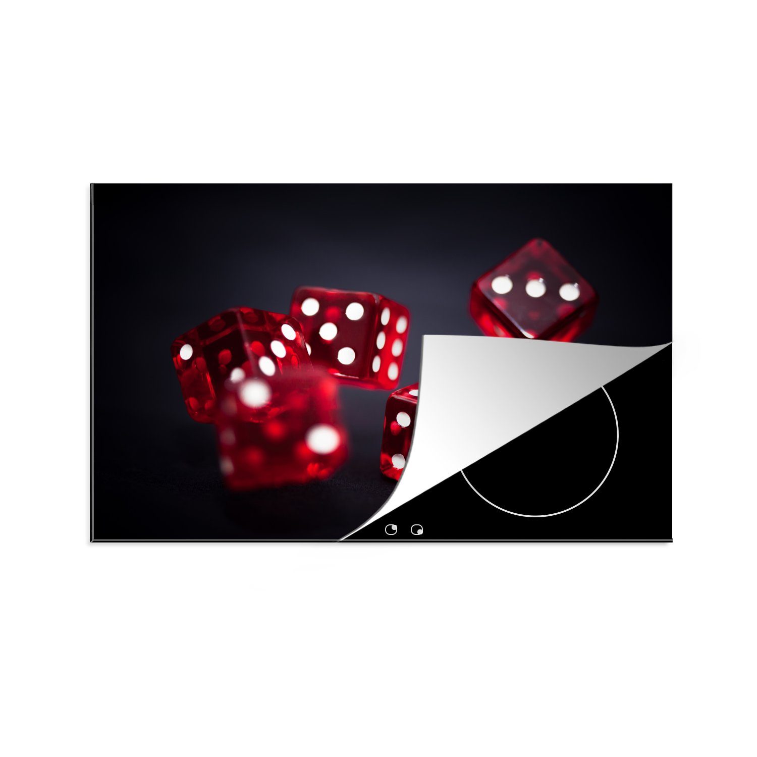 MuchoWow Herdblende-/Abdeckplatte Ein Aktionsbild mit sechs roten Würfeln auf dunklem Hintergrund, Vinyl, (1 tlg), 81x52 cm, Induktionskochfeld Schutz für die küche, Ceranfeldabdeckung