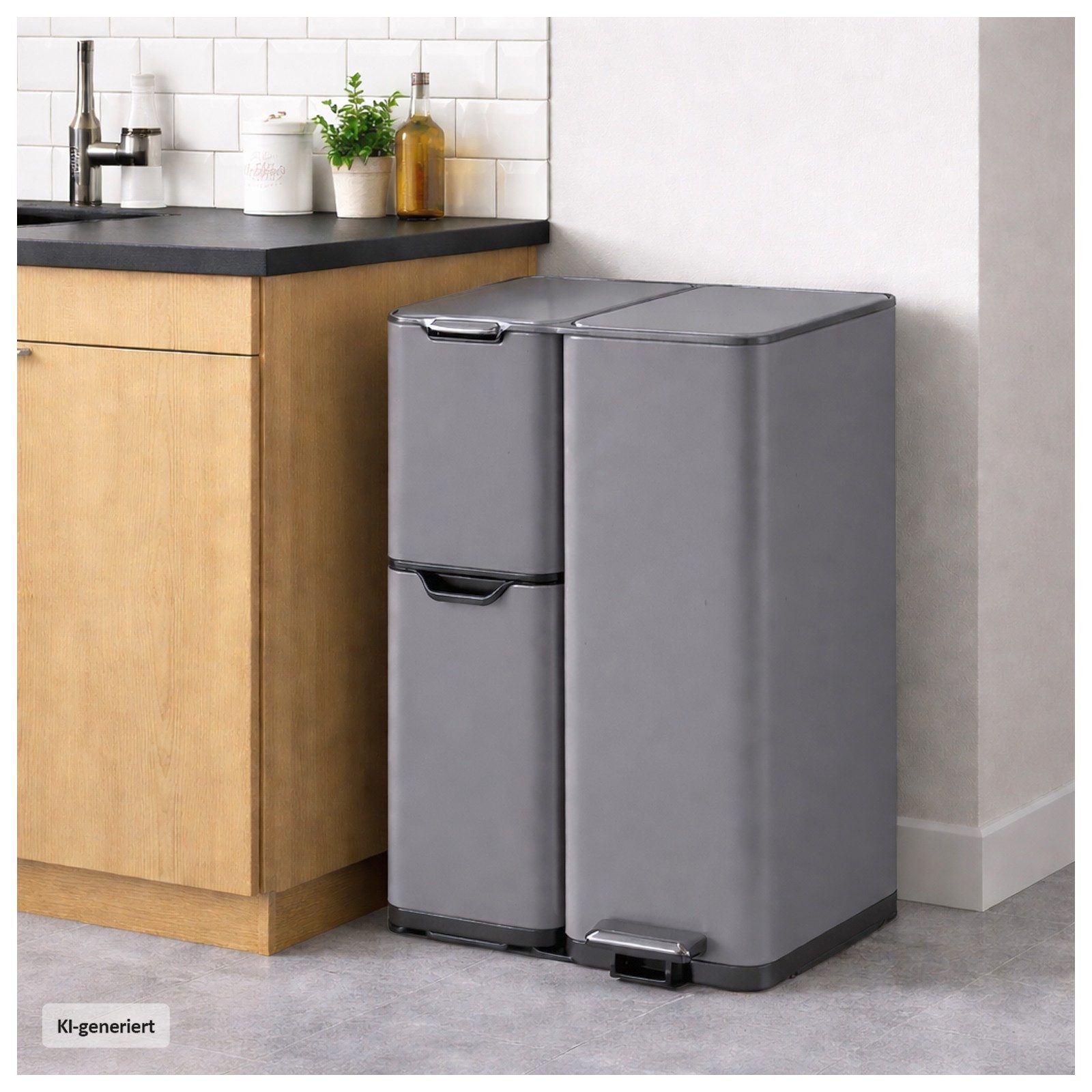 HTI-Living Mülleimer Edelstahl mit 3 Behältern Grau, 3 in 1