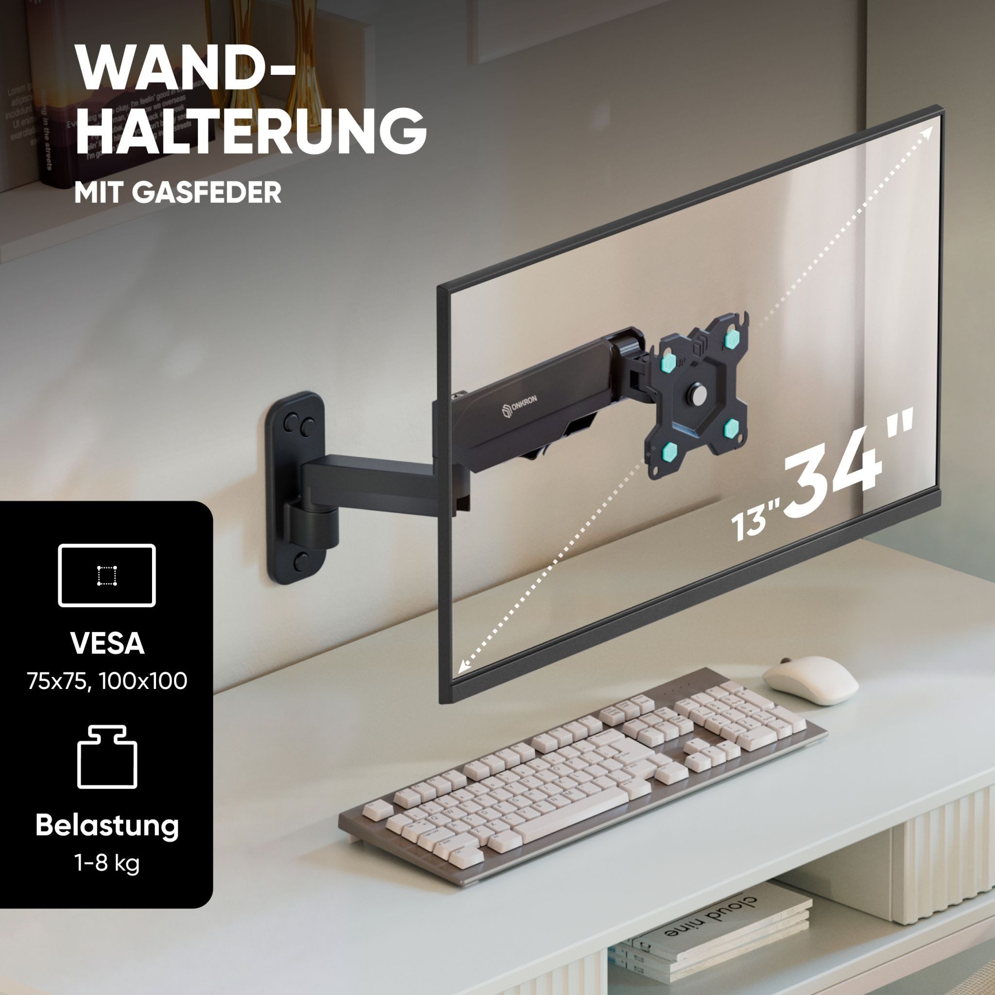 ONKRON Monitor-Halterung 13-34 Zoll, bis 8 kg, VESA 75x75-100x100, G150-B, (bis 34,00 Zoll, Monitor Wandhalterung, 1-tlg., Monitor Wandhalterung, neigbar, schwe – Bild 2 von 5