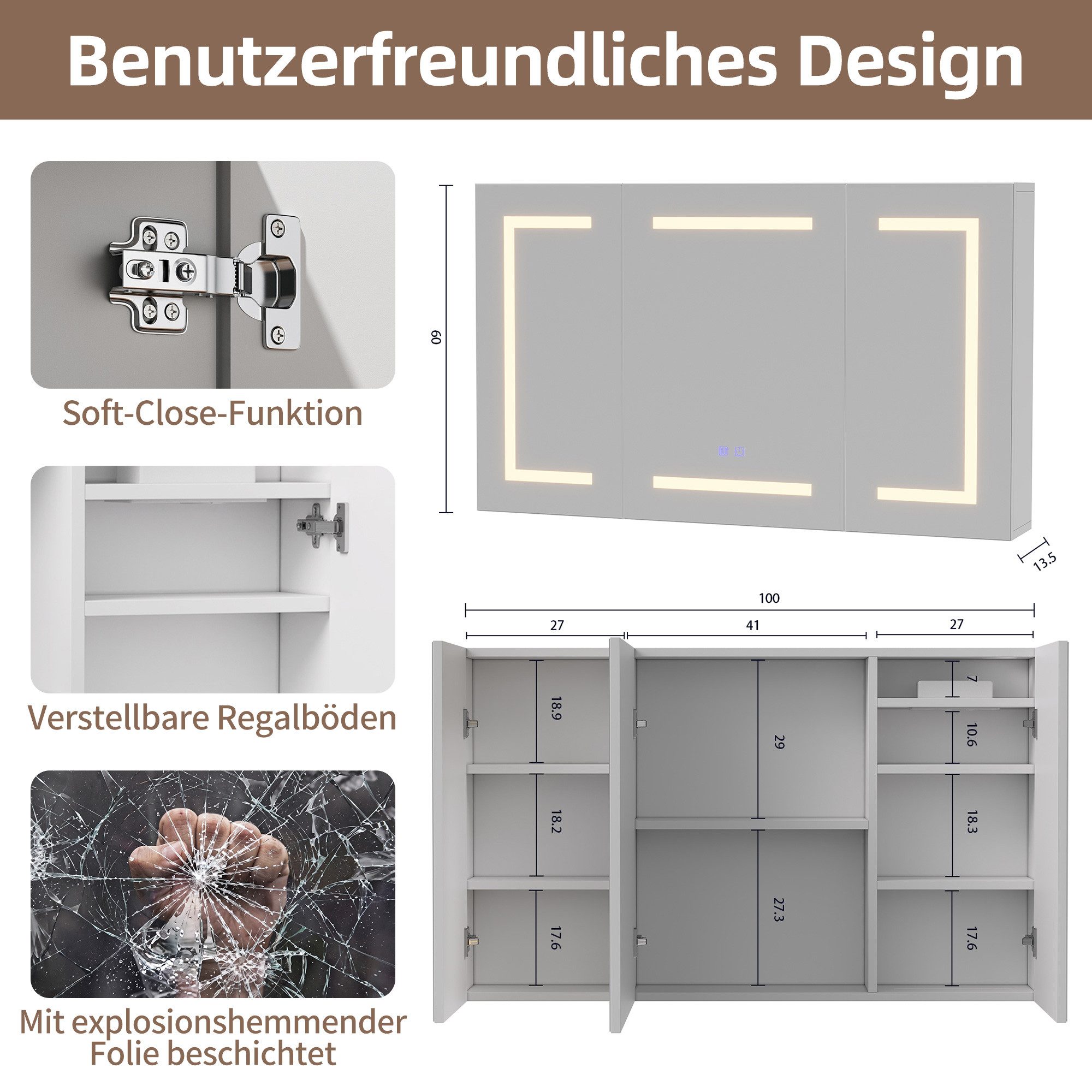 Simurq Badezimmerspiegelschrank Spiegelschrank mit LED-Beleuchtung 100x60cm,Spiegelschrank mit Touch (1-St) – Bild 2 von 5