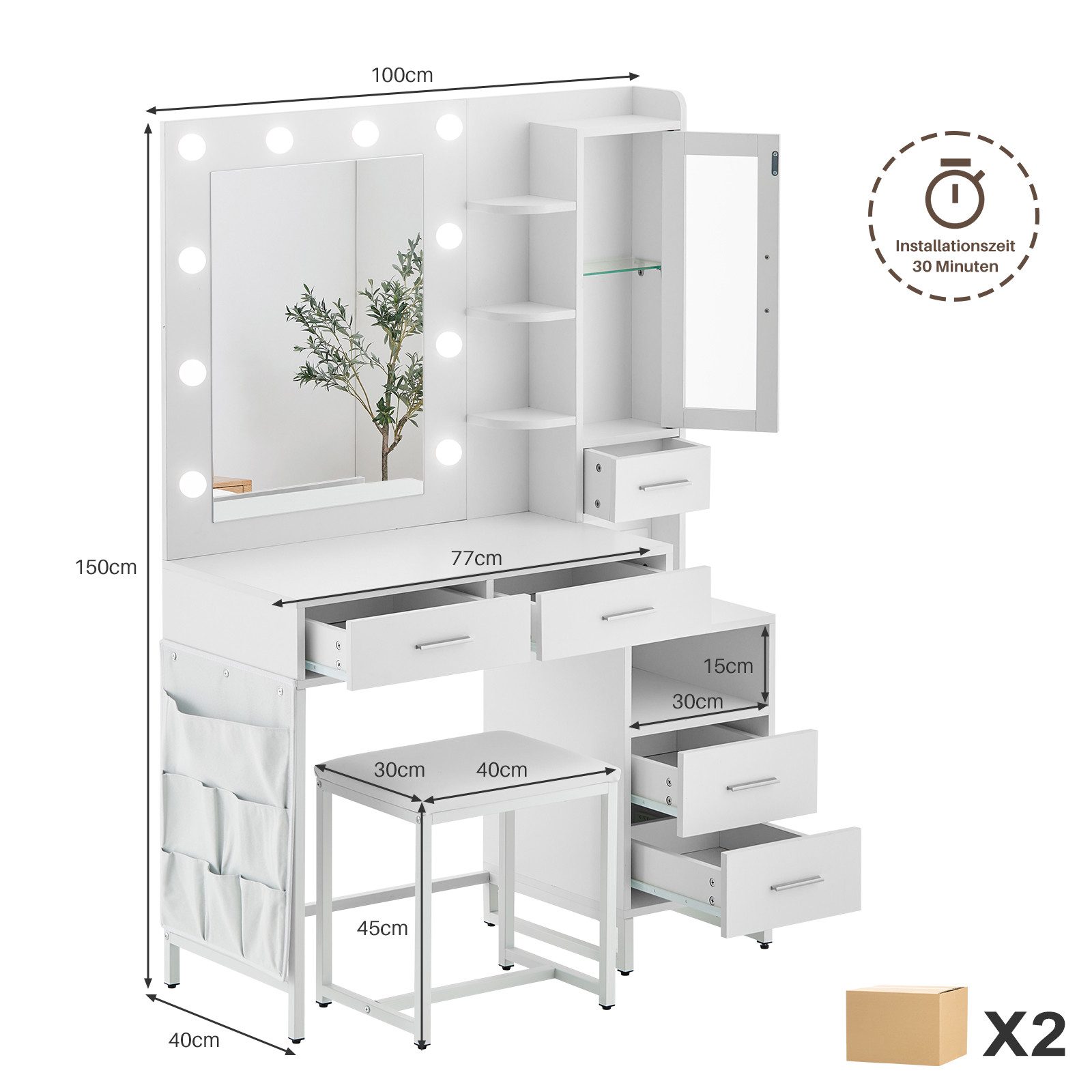Ofcasa Schminktisch 100x40x150cm Frisiertisch, 5 Schubladen, günstig online kaufen