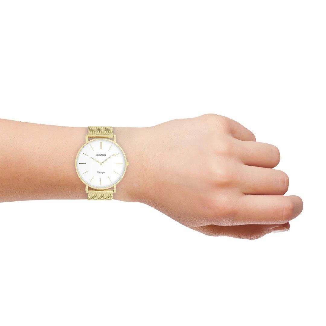 OOZOO Quarzuhr Herrenuhr – Weißes Zifferblatt, Milanaiseband IP Gold, 44 mm C9908