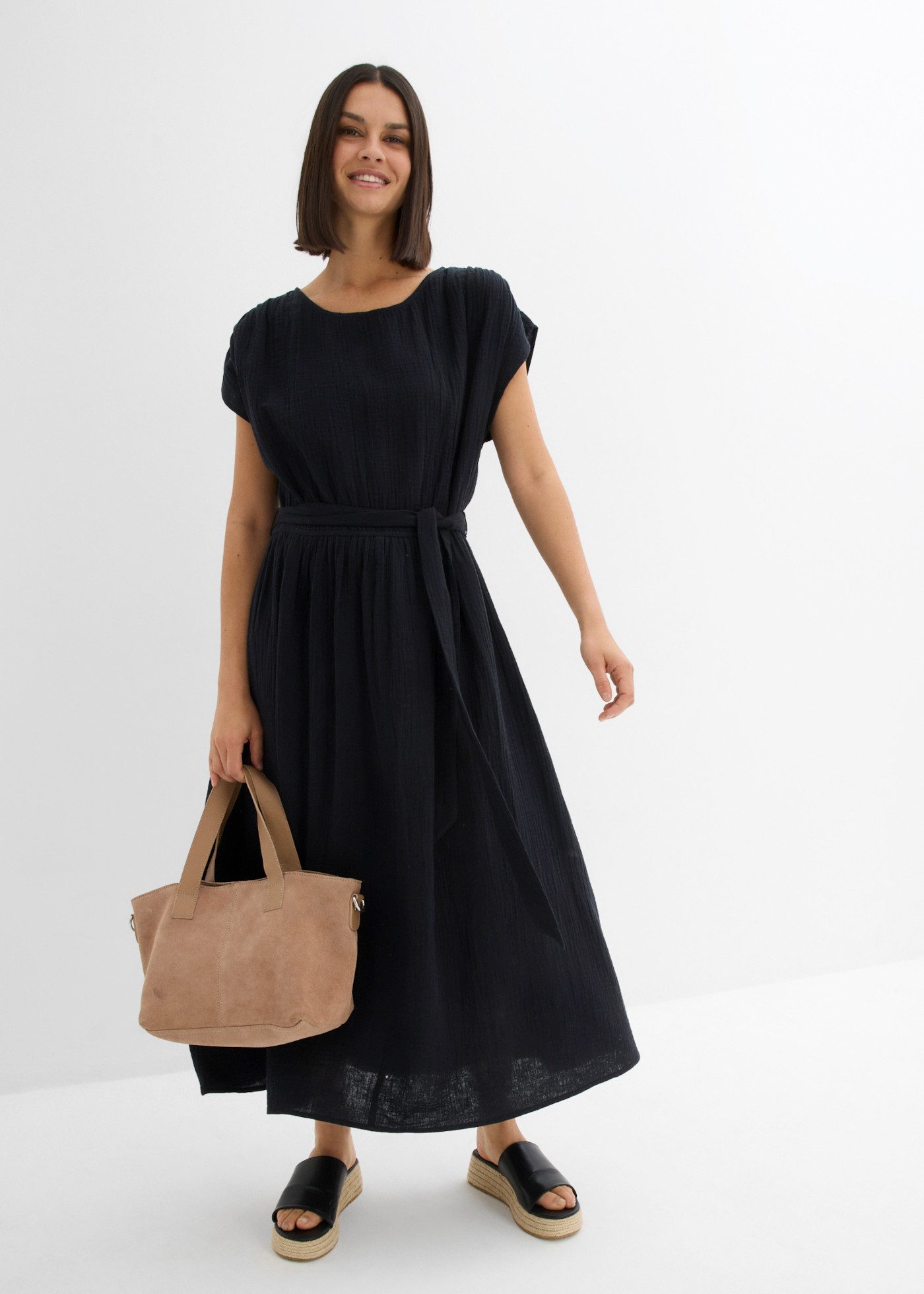 bonprix Midikleid aus Musselin, mit Rundhalsausschnitt und Schlitz am Rückenausschnitt