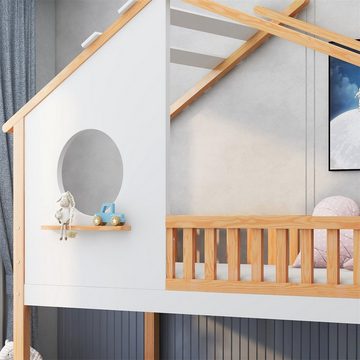 XDeer Kinderbett Hausbett,Etagenbett(weiß,200x90cm)Kinderbett, mit rechtwinkliger Leiter,mit Fallschutz und Barriere