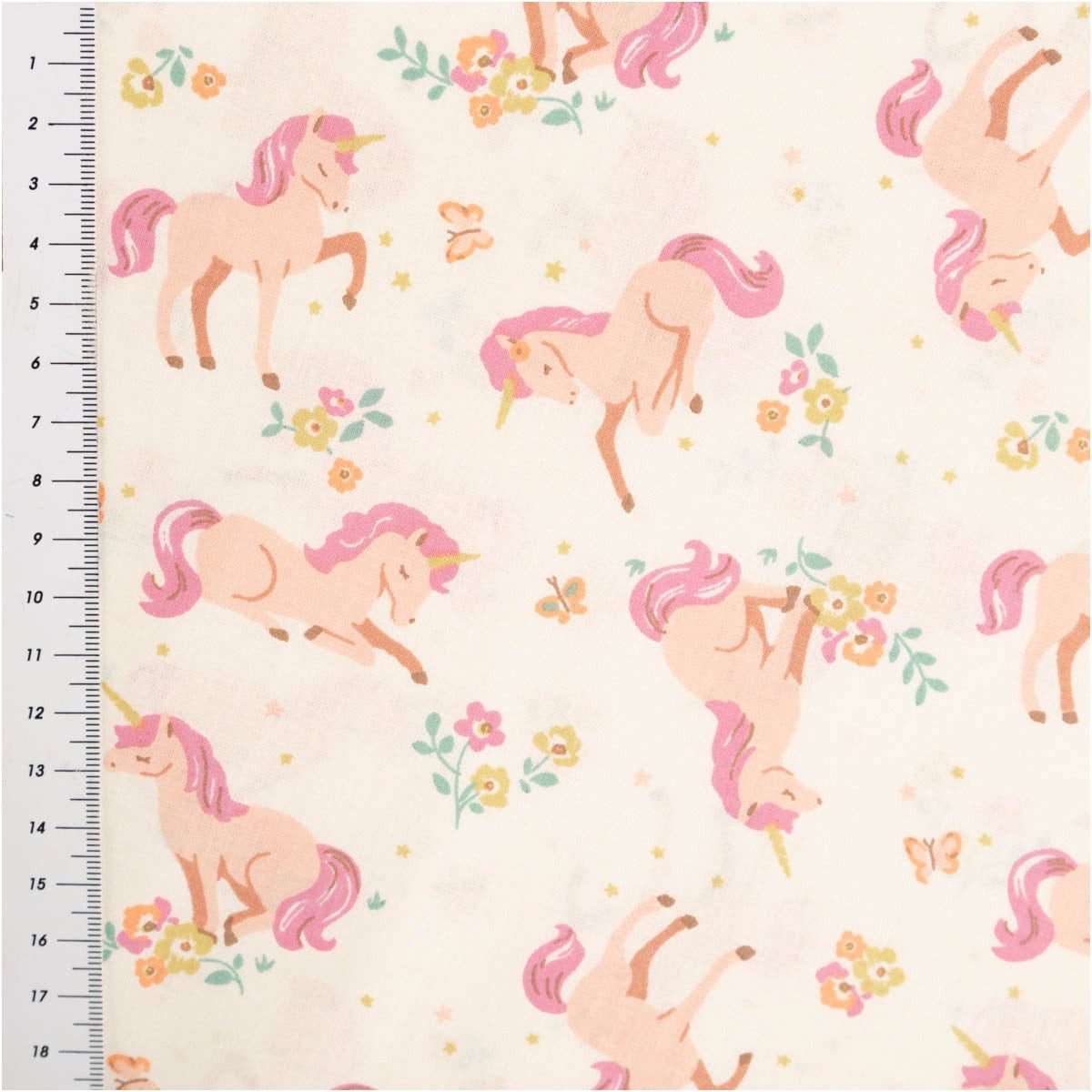 SCHÖNER LEBEN. Stoff Baumwollstoff Meterware Lilic Einhörner Blumen ecru rosa 147cm, allergikergeeignet