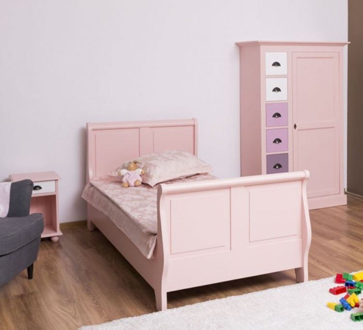 Casa Padrino Kinderbett »Massivholz Kinderzimmer Möbel Set Rosa / Weiß /  Lila - 1 Einzelbett & 1 Kleiderschrank & 1 Nachttisch - Möbel«