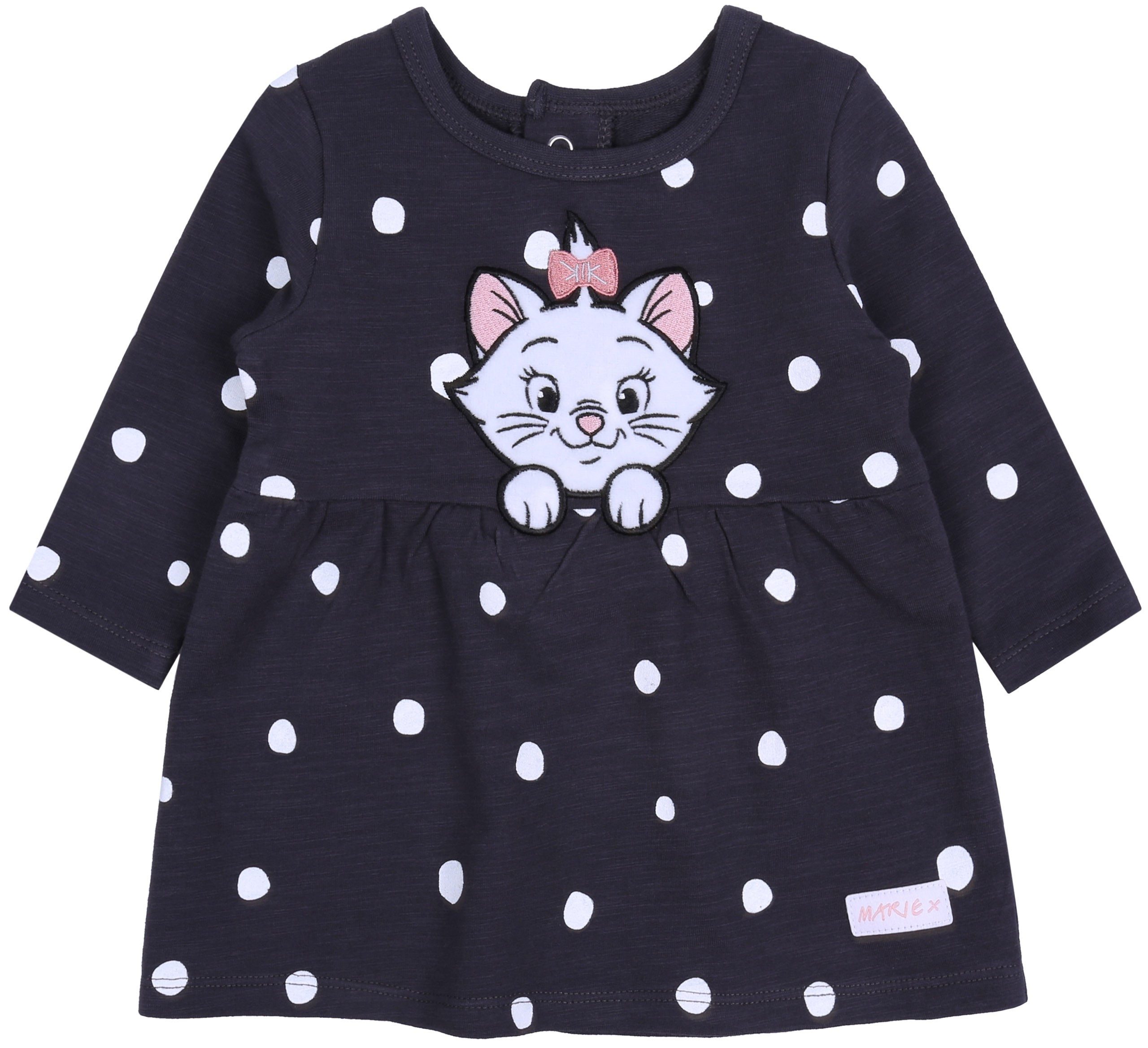 Druckkleid Schwarzgraues Babykleid Katze Marie und pinke Strumpfhose, 80