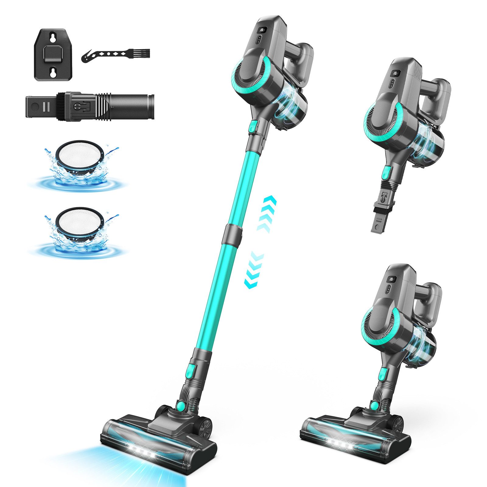 INSE Akku-Hand-und Stielstaubsauger N3P Akkustaubsauger,Anti-Haarverfilzung,V-Bürste mit LED-Licht, 175 W, beutellos, 28KPa Starke Saugkraft, 55Minuten Laufzeit, Großvolumen-Staubbecher