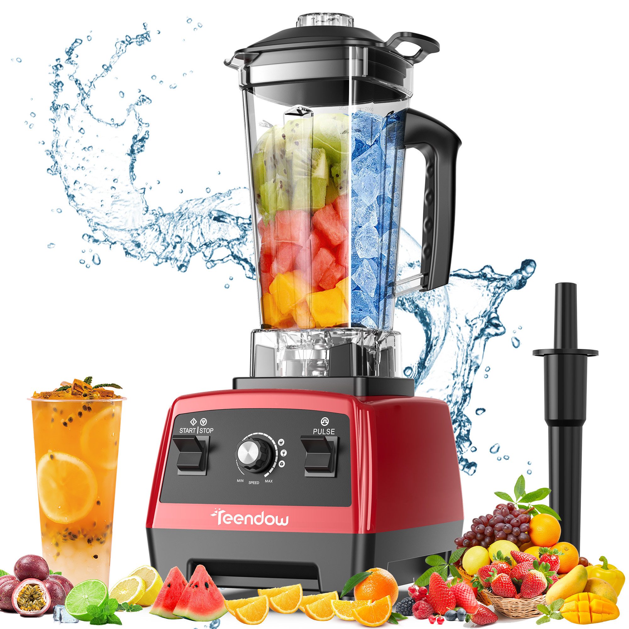 Teendow Настольные миксеры Настольные миксеры Hochleistungsmixer 1800W 2L BPA frei Smoothie Mixer, 1800 W, mit Rührstab und Reisebecher, Selbstreinigend, 6 Edelstahlklingen