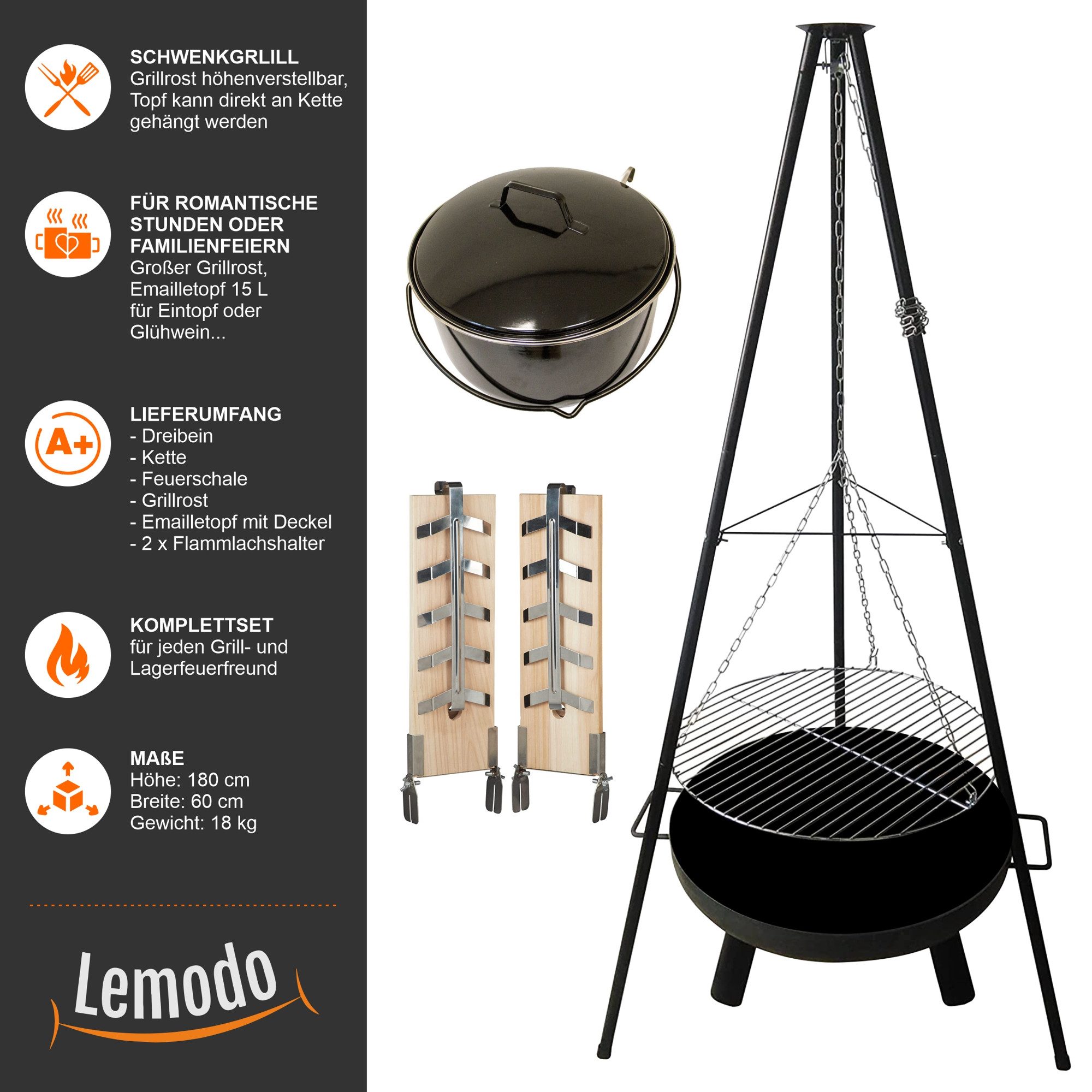 Lemodo Schwenkgrill Holzkohlegrill mit Gulaschtopf und Lachsbretter, Feuerschale, Emailletopf, Grillrost, Fischfilethalter