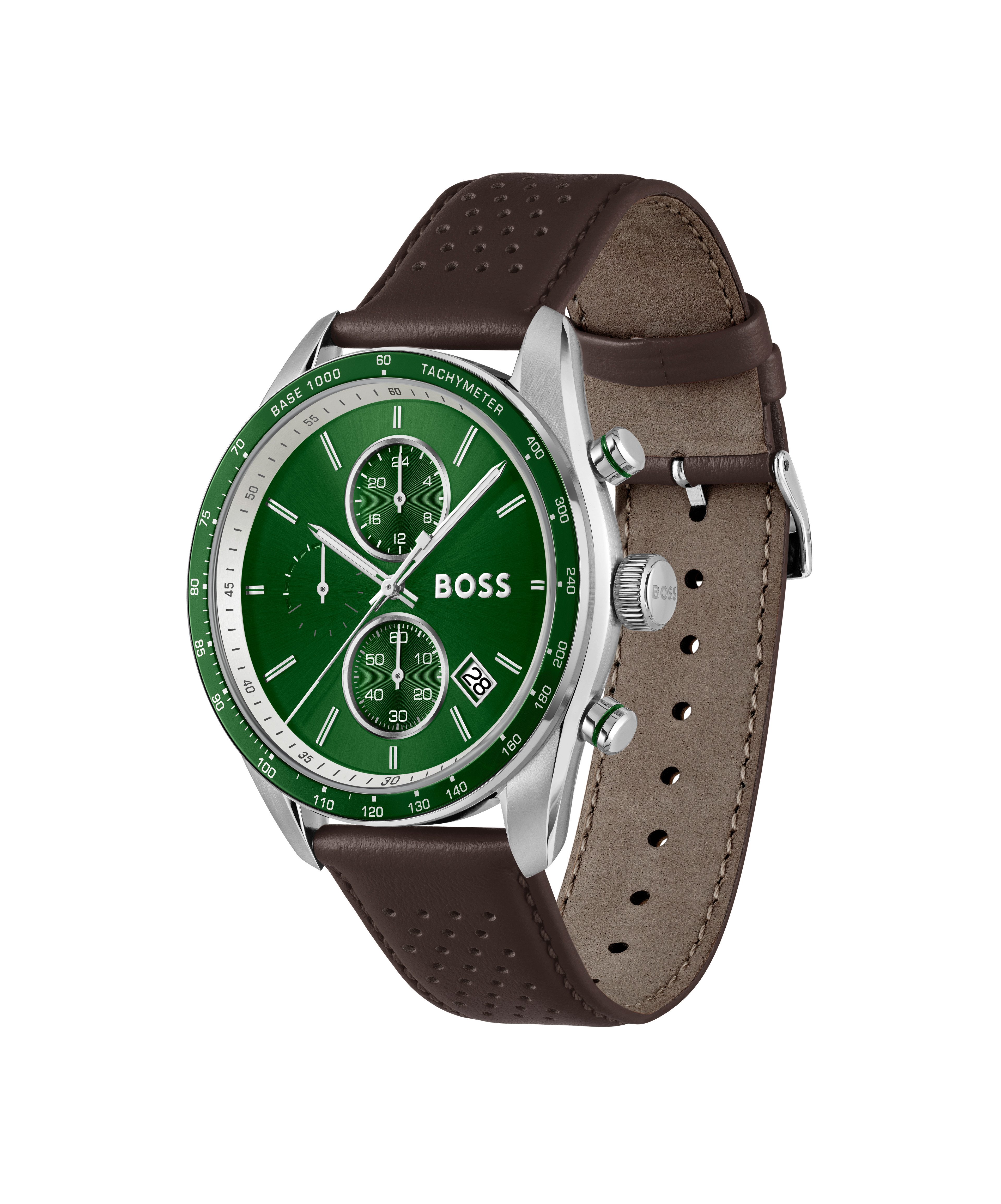 BOSS Chronograph GRAND PRIX 1514342, Quarzuhr, Armbanduhr, Herrenuhr, Lederarmband, analog, Tag