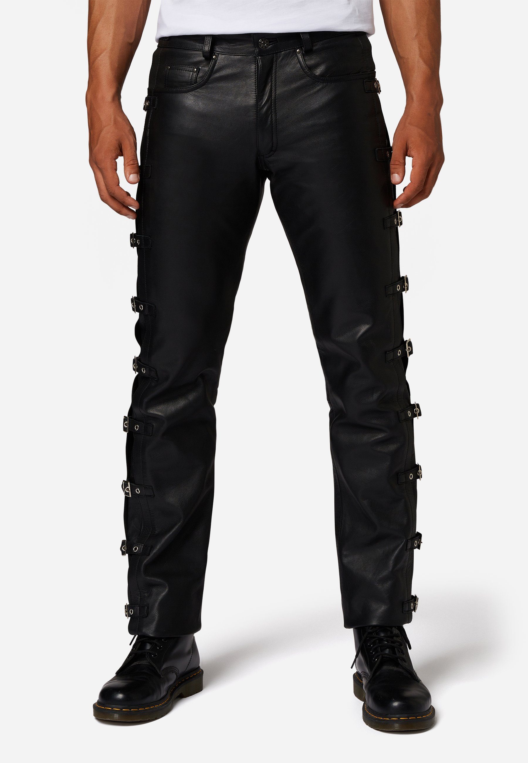 RICANO Lederhose Buckle Schnallenhose Lederhose mit Schnallengürtel im 5-Pocket-Stil