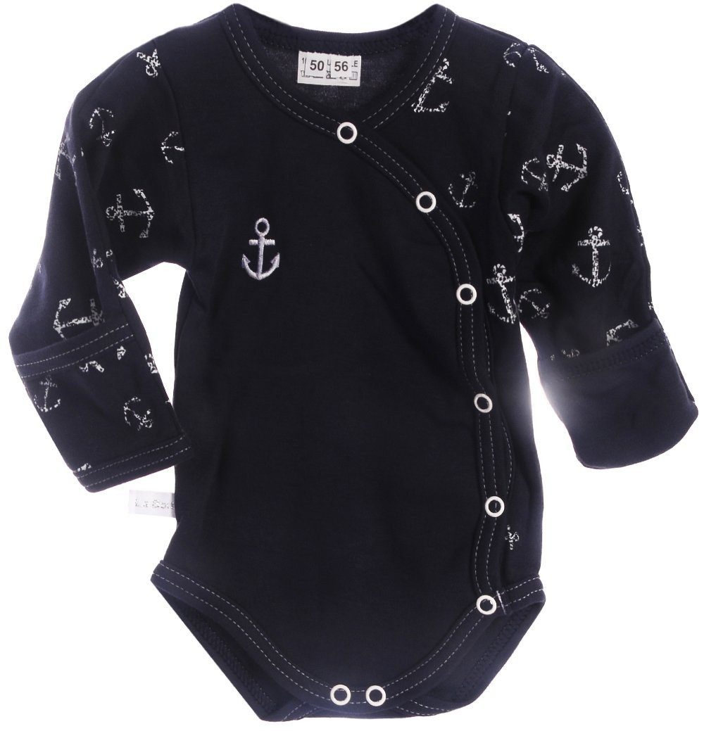 La Bortini Wickelbody Baby Body Wickelbody Kratzschutz in dunkelblau mit Anker aus reiner Baumwolle, gemustert, 44 50 56 62 68 74 80 86 92 98 104