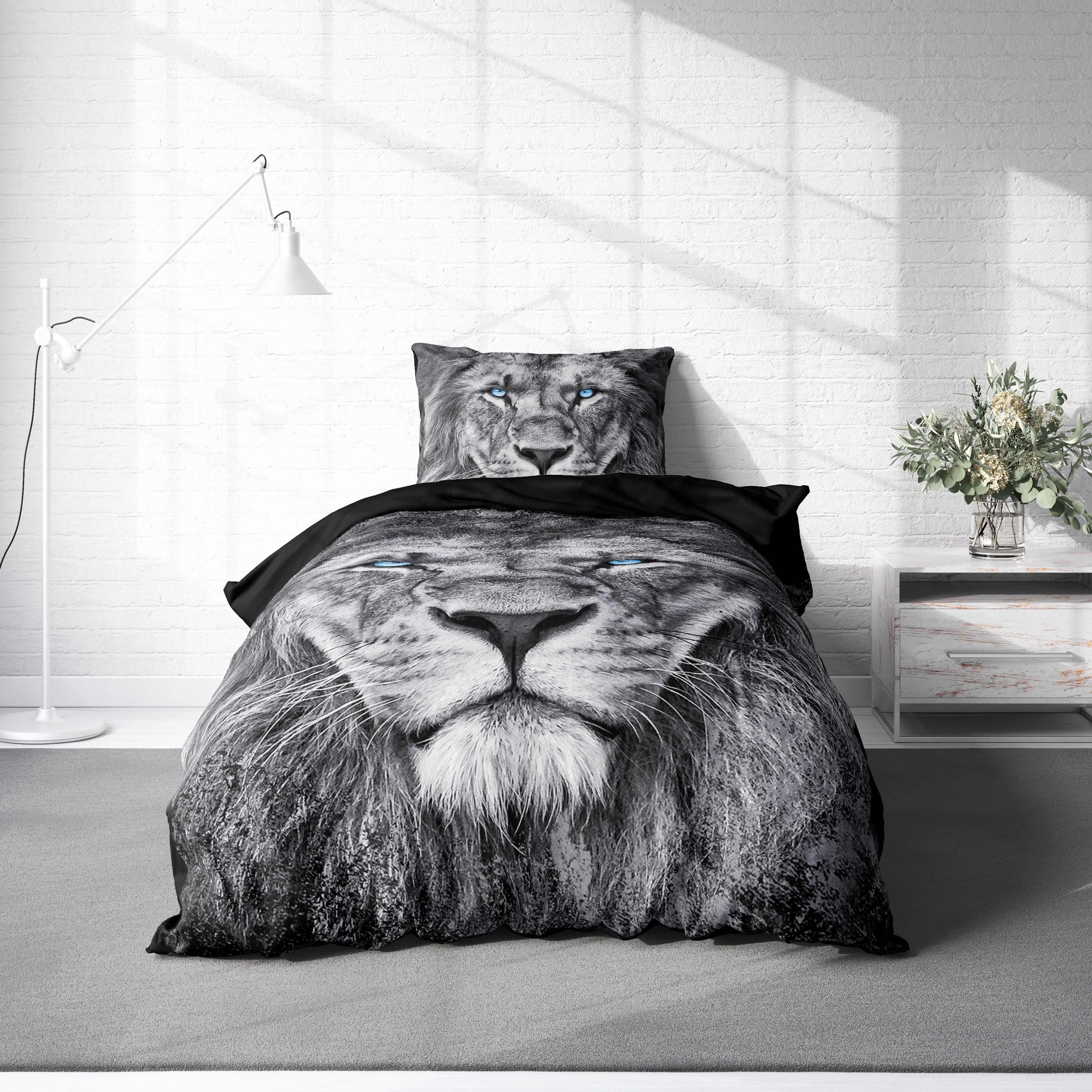One Home Bettwäsche Fotodruck, Mikrofaser, 2 teilig, Löwe Tiere, Knitterfrei Weich für Sommer und Winter