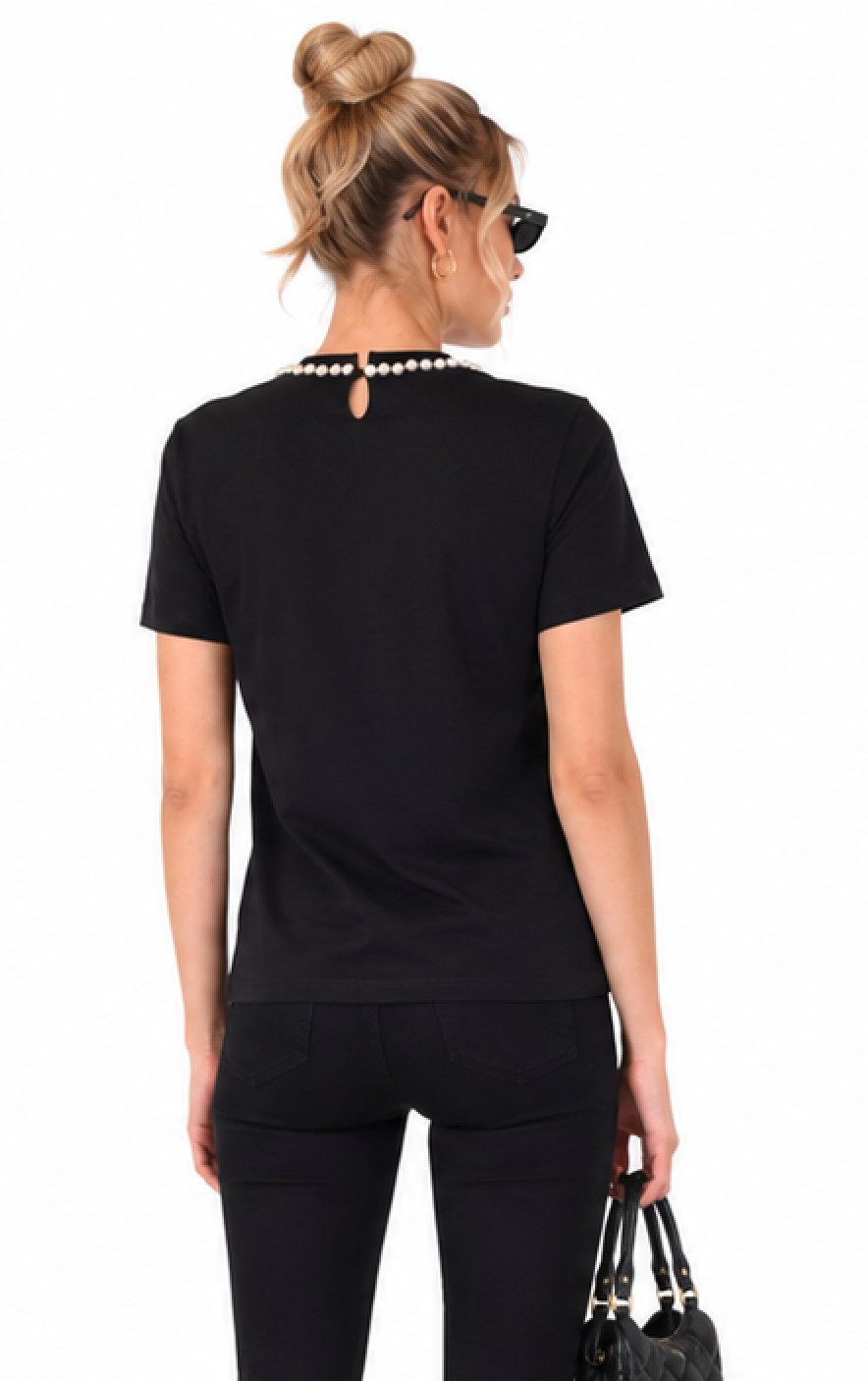 Moschino T-Shirt COUTURE Milano mit Faux Perlen Top Dekorativer Perlenbesatz am Rundhalsausschnitt