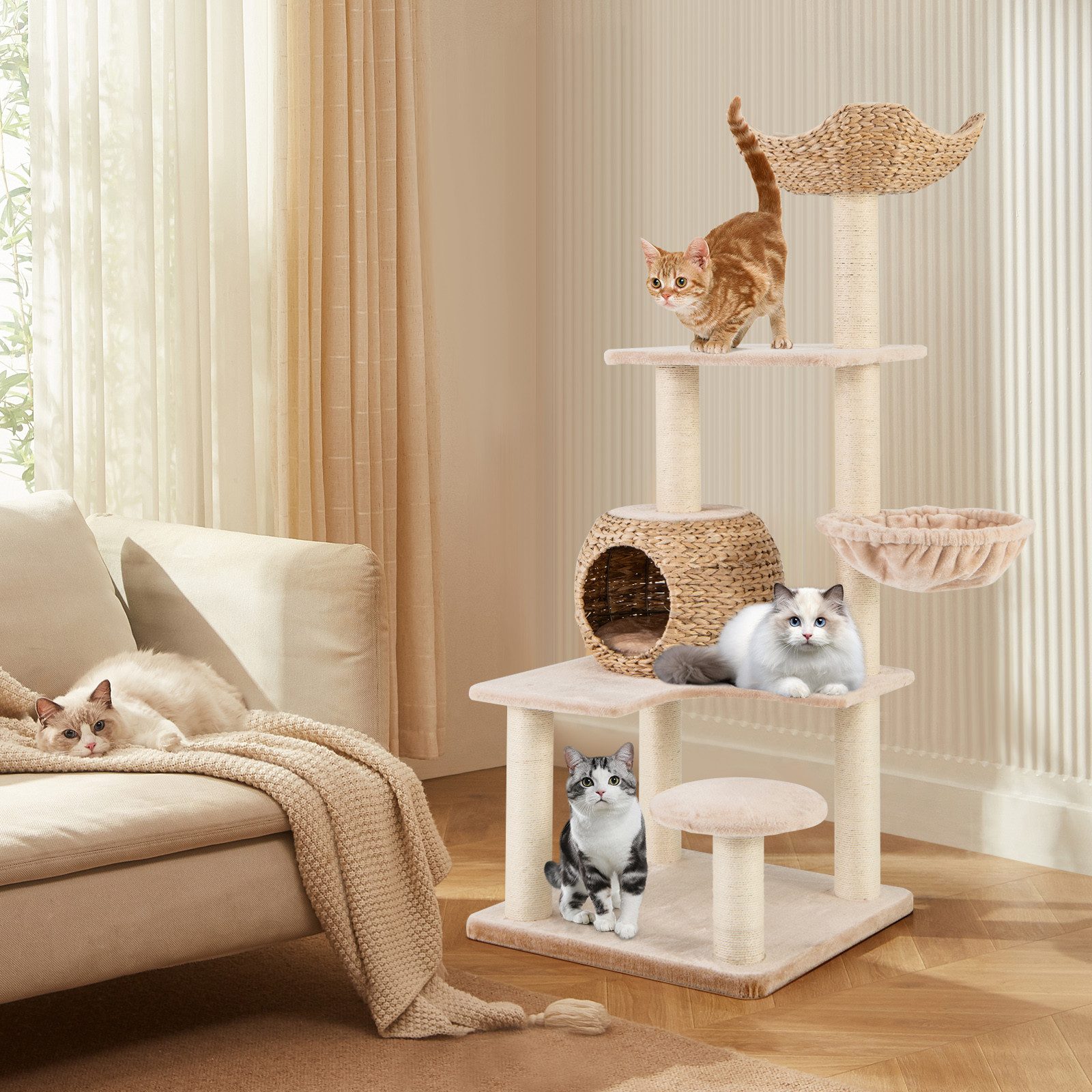 COSTWAY Kratzbaum, mit Katzenhöhle, Hängematte, Kissen, günstig online kaufen