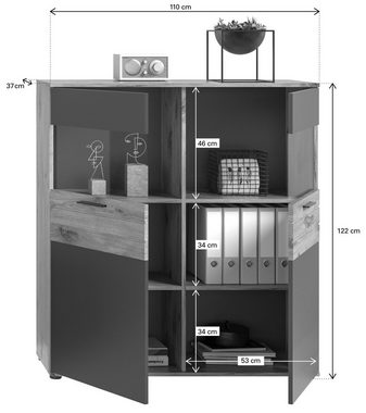 furnling Vitrine Moskau 110 x 122 x 37 cm, in Eiche/Grau mit Softclose-Funktion, Schrank