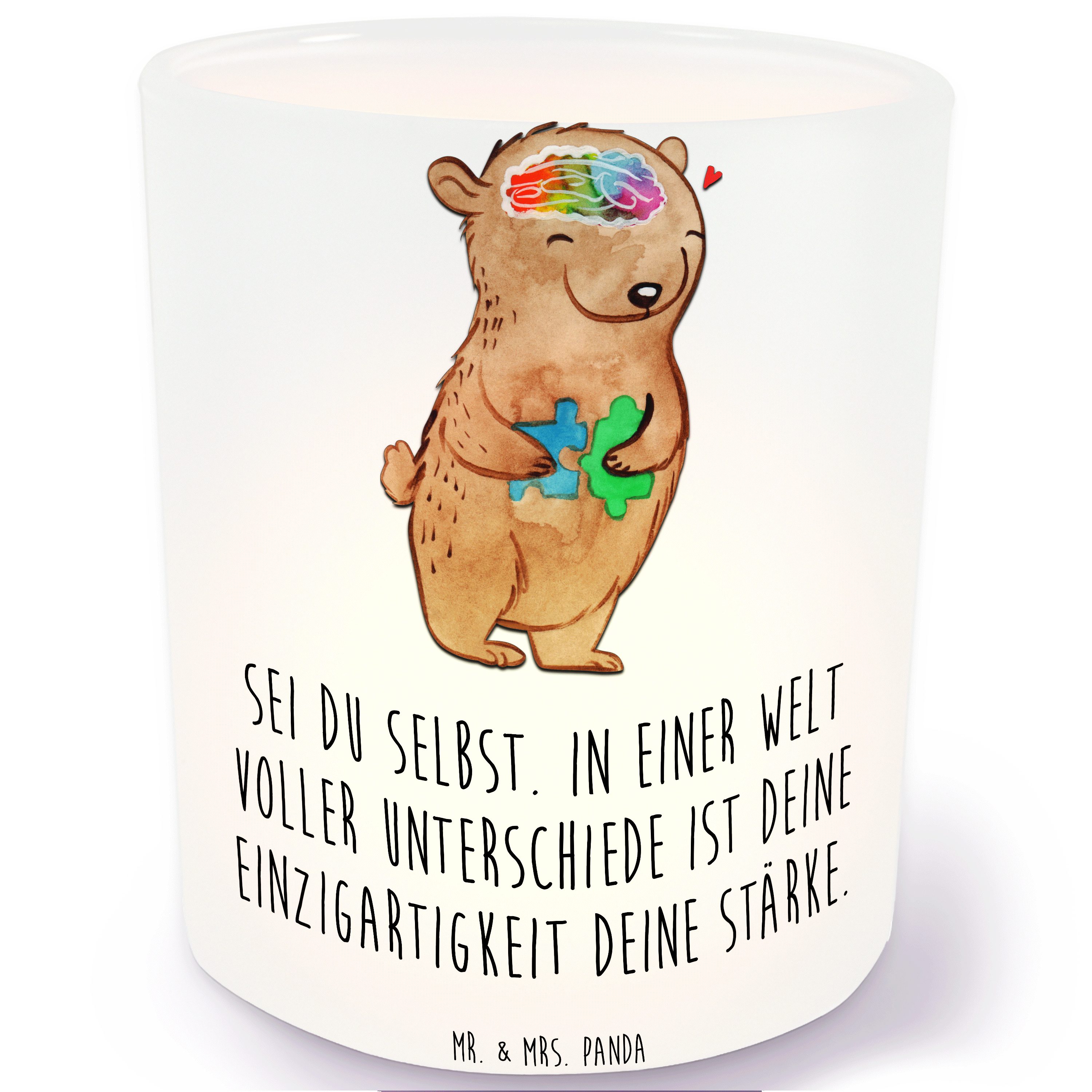 Mr. & Mrs. Panda Windlicht Bär Autismus - Transparent - Geschenk, Kerzenglas, Teelichtglas, Teel (1 St), Liebevolles Design