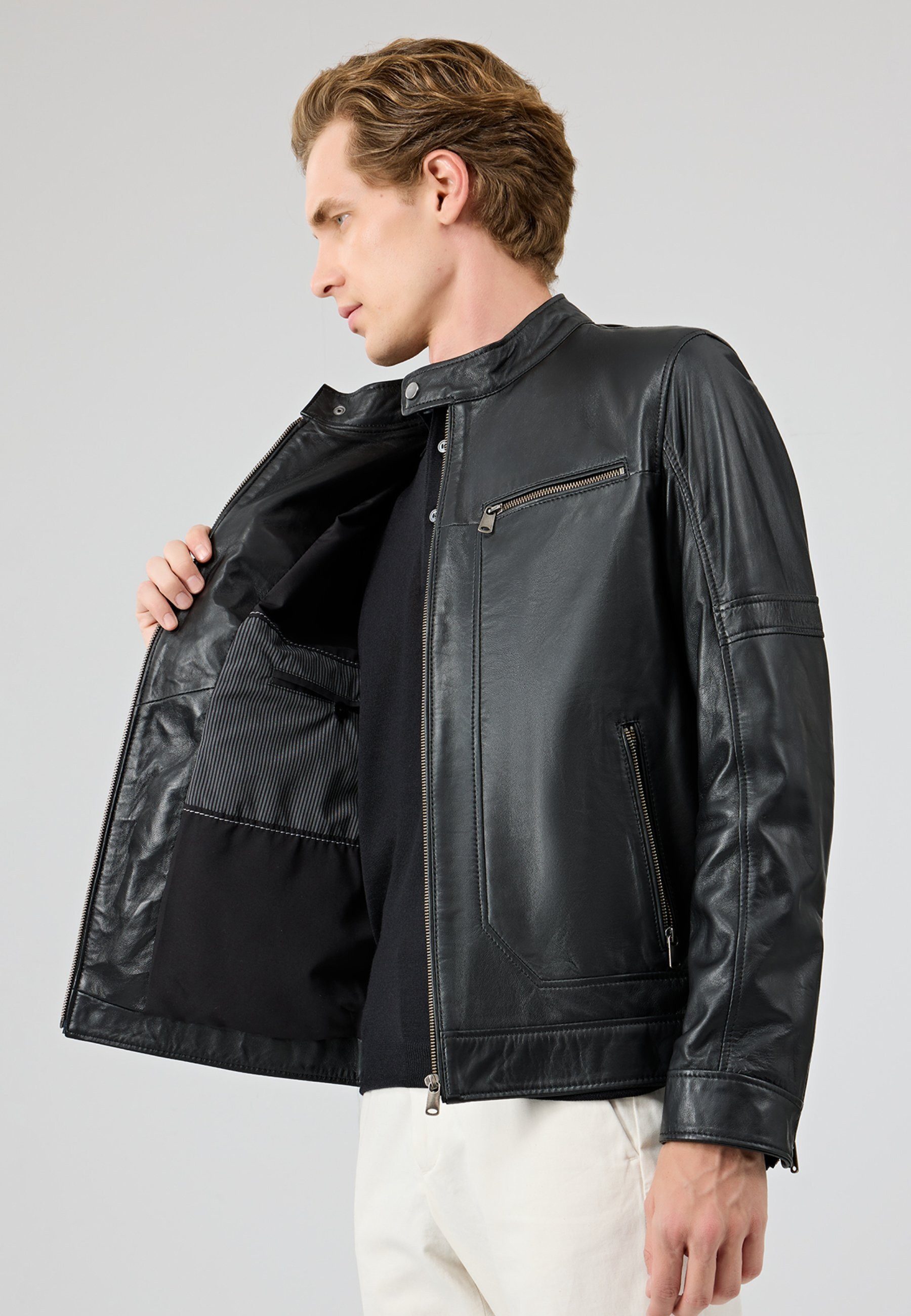 Derimod Lederjacke Patrick Lederjacke mit Stehkragen Regular Fit, Reißverschluss, Stehkragen, Kurz, Textilfutter