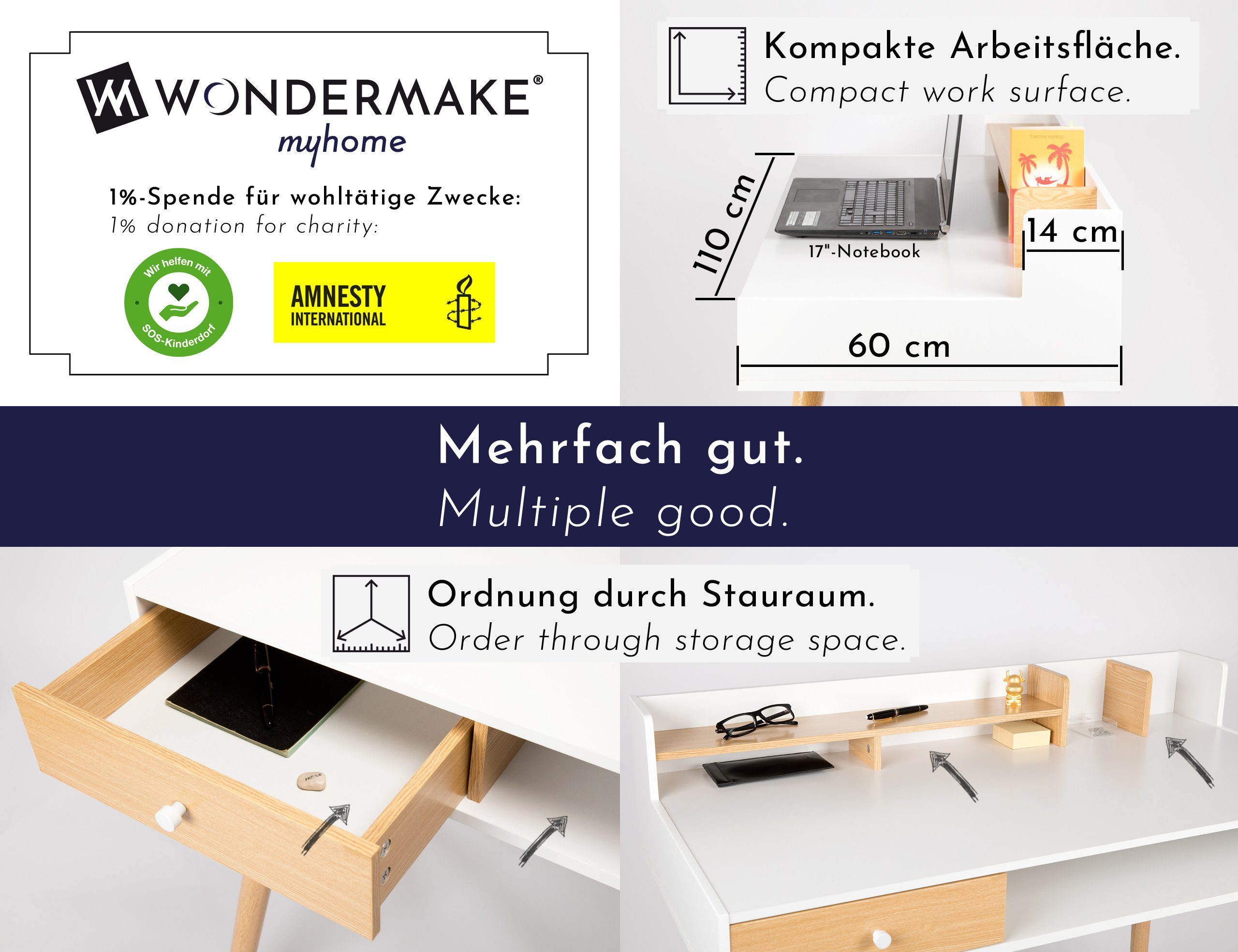 Holz Computertisch klein Regal weiß Bürotisch Schreibtisch Schublade WONDERMAKE Schreibtisch