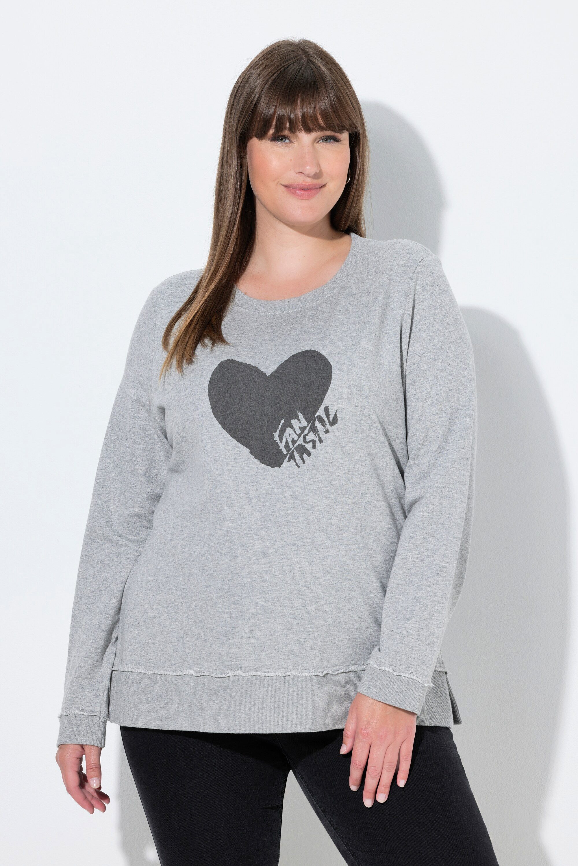 Ulla Popken Sweatshirt Sweatshirt Herz Rundhals Langarm offenkantig