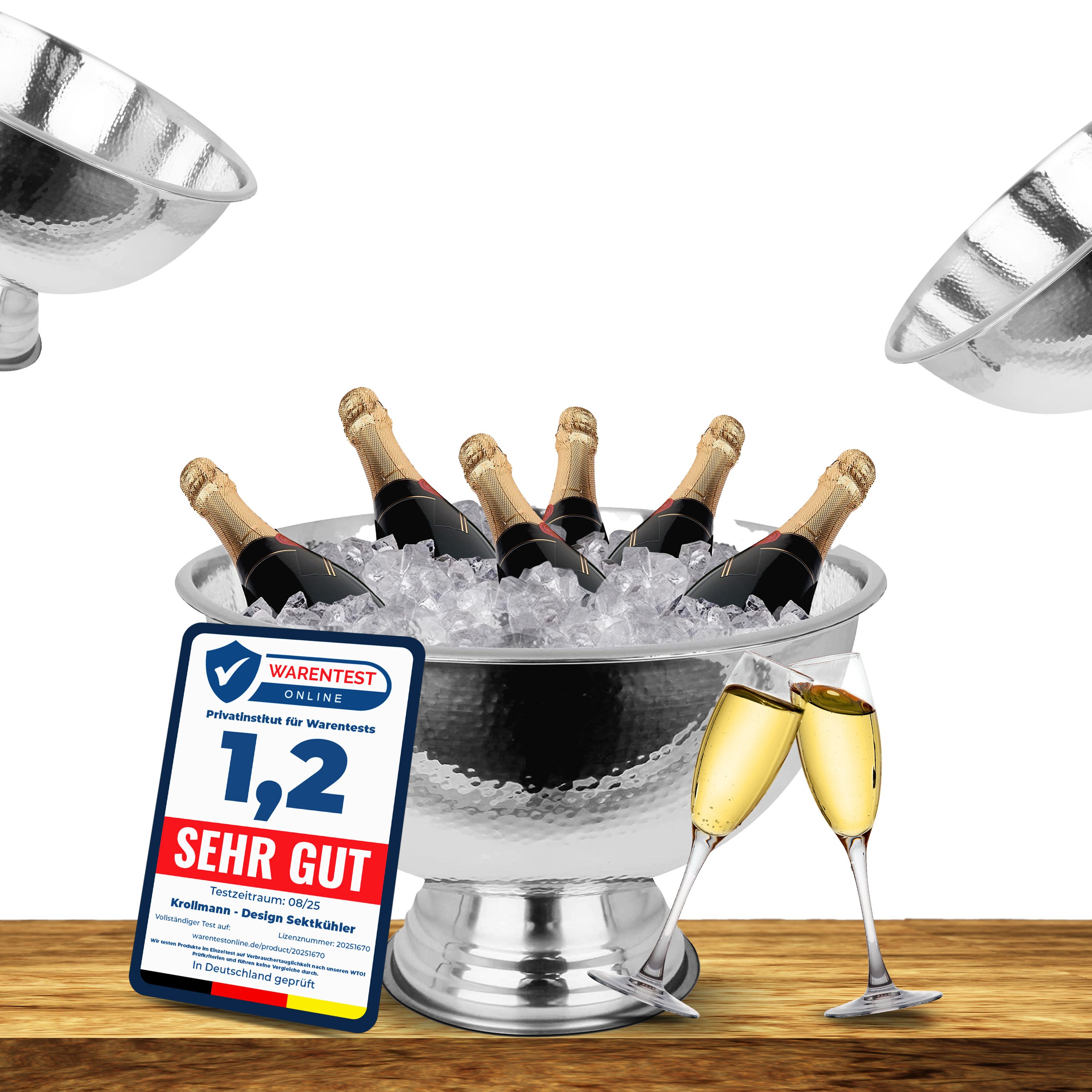 Krollmann Outdoor-Flaschenkühler Sektkühler Edelstahl Ø40cm Hammerschlagoptik 6 Wein Flaschenkühler, Flaschen-Kühler für Champagner, Sekt, Wein, Spirituosen, Bier