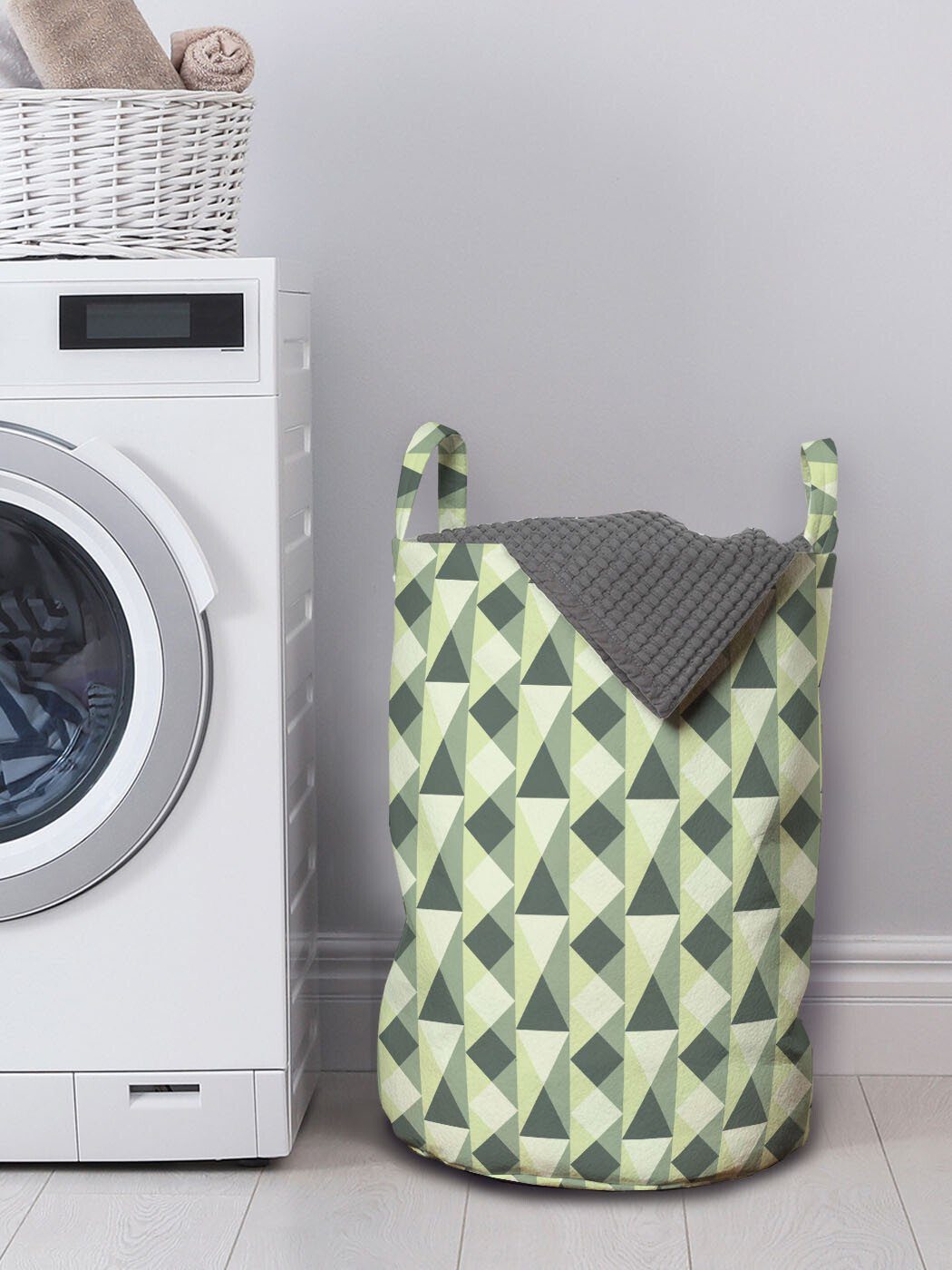 Kordelzugverschluss Geometrisch Wäschekorb für Abakuhaus Dreiecke Griffen Waschsalons, und mit Wäschesäckchen Quadrate