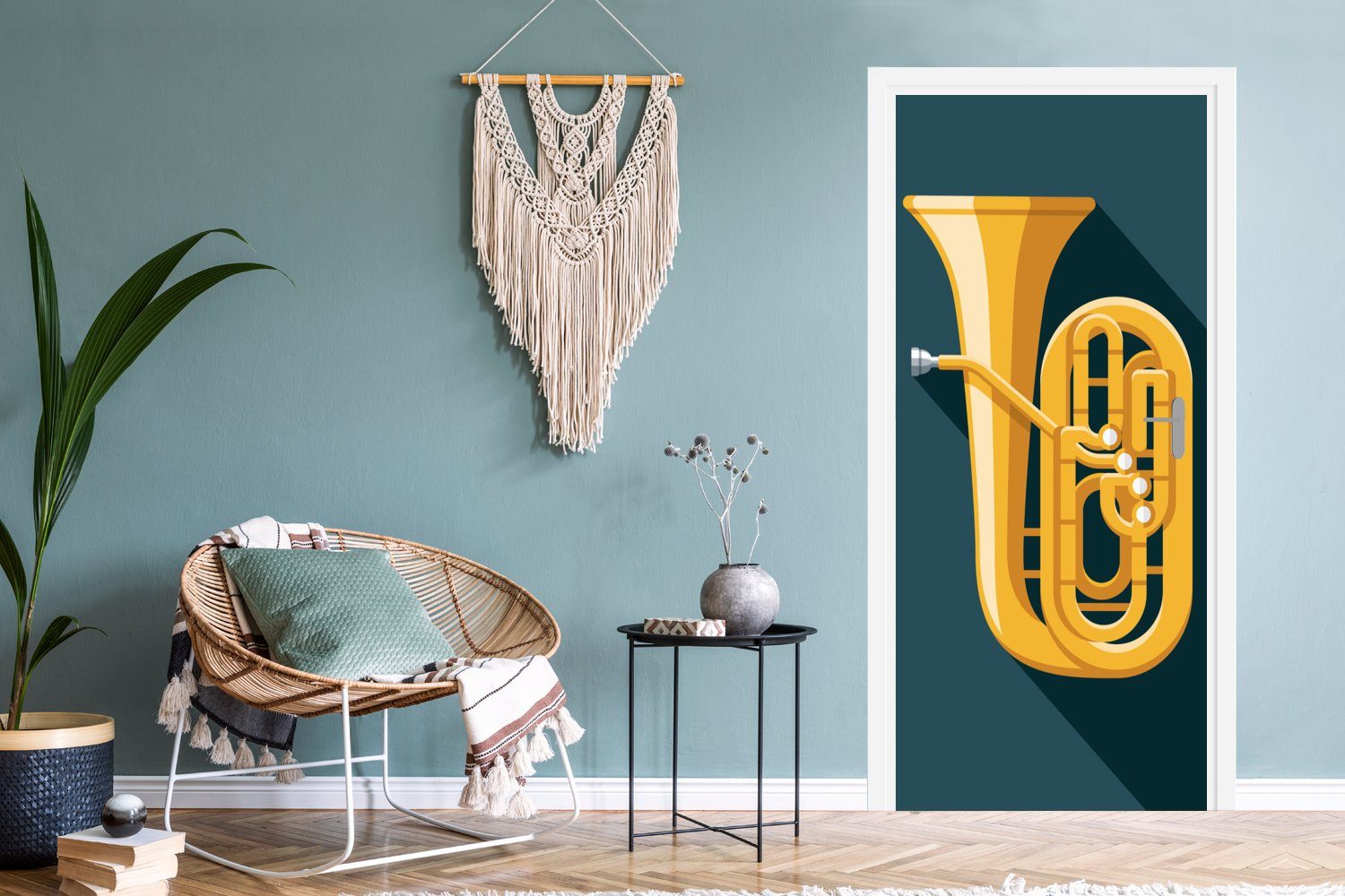 MuchoWow Türtapete Ein (1 goldene Fototapete Tuba Türaufkleber, cm St), bedruckt, darstellt, 75x205 Tür, eine Matt, für Piktogramm, das