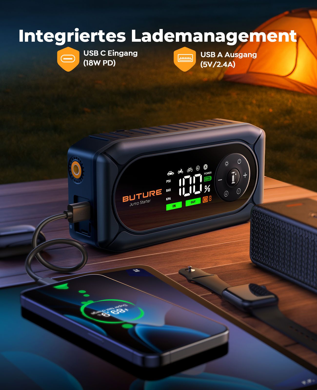 Buture 4500A Starthilfe Powerbank für Pkw mit Kompressor 150PSI, 16800mAh Starthilfegerät 16800 mAh (12 V), 4 Modi LED Licht und 3.3'' LCD Display – Bild 5 von 5