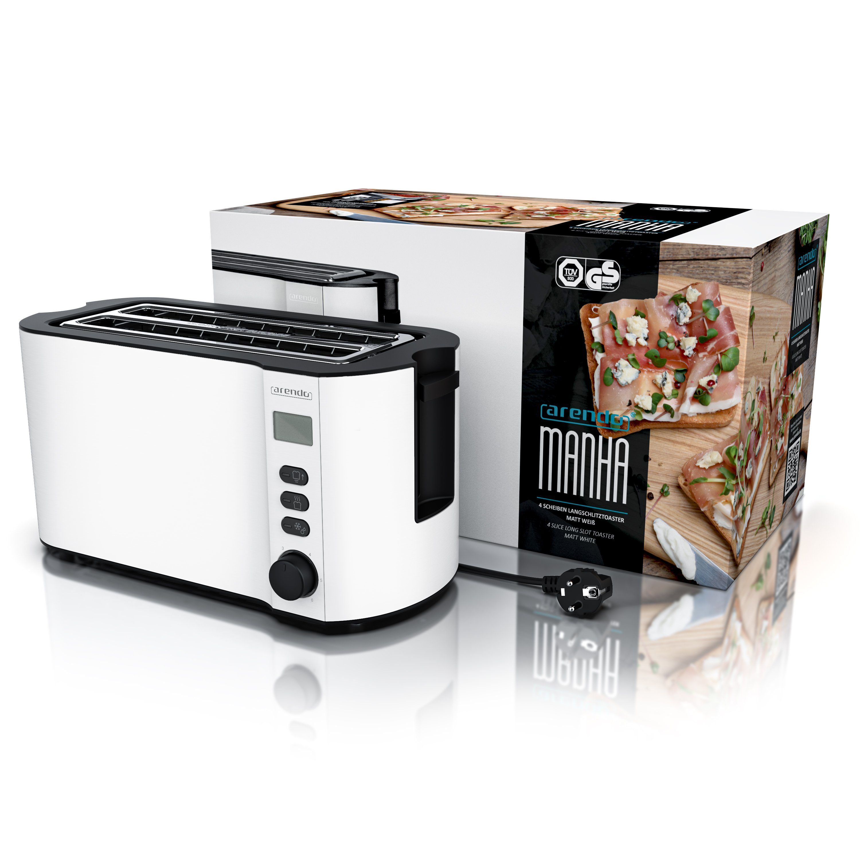 Arendo Toaster Edelstahl, Langschlitz, Display mit Restzeitanzeige, Brötchenaufsatz, 2 lange Schlitze, für 4 Scheiben, 1500 W, Defrost Funktion, Wärmeisolierendes Gehäuse, mit Krümelschublade
