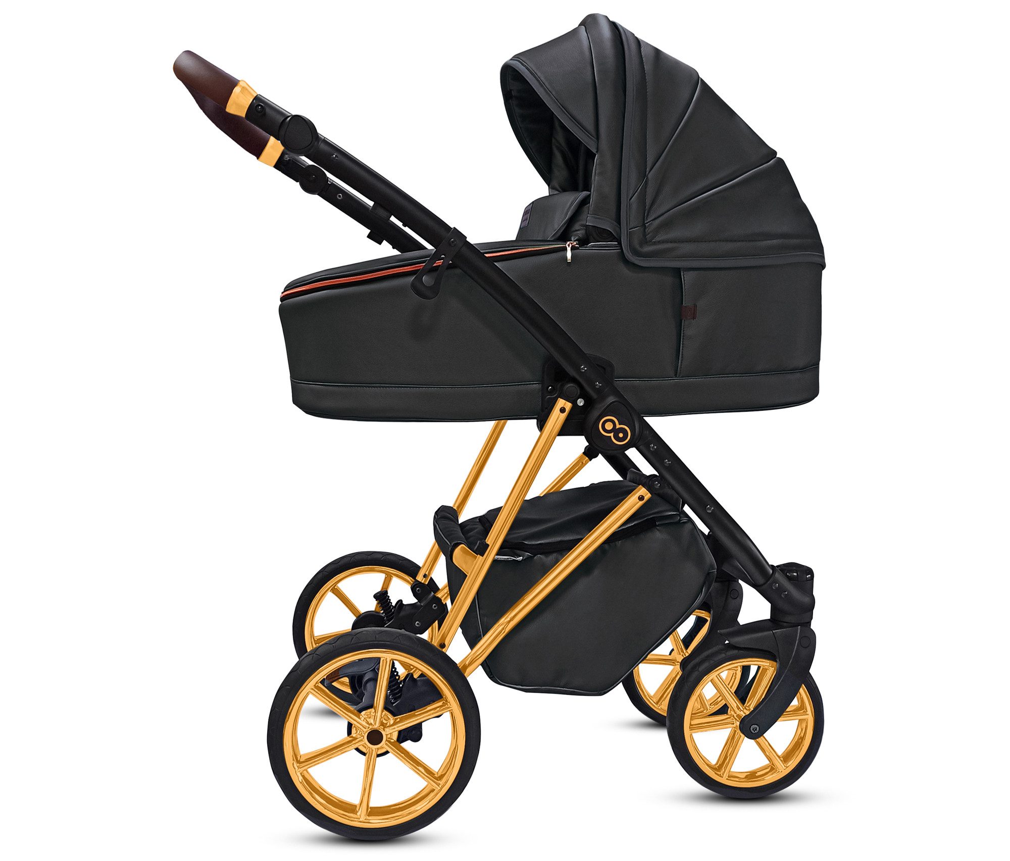 TPFFamily Kombi-Kinderwagen 2in1 Musse Royal, Baby Buggy Babywanne 5-Punkt-Sicherheitsgurt, Zubehör-Set Kinderwagen 2 in 1 Kunstleder Schwarz, Gestell Gold