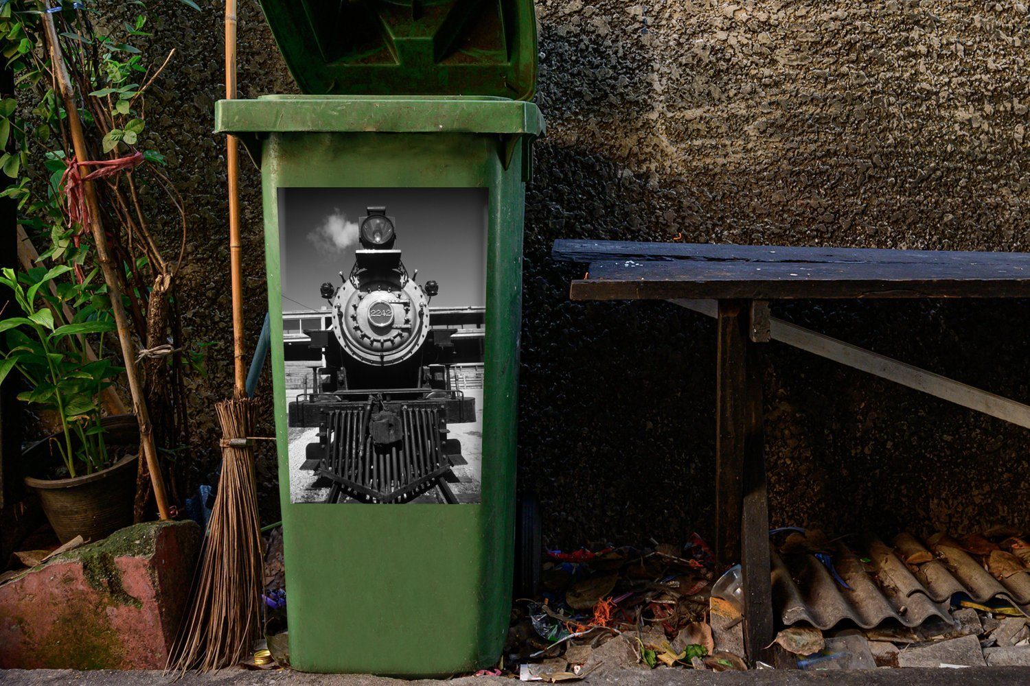 Abfalbehälter Sticker, im amerikanischen St), (1 Container, Mülleimer-aufkleber, Texas Mülltonne, Bundesstaat MuchoWow Dampflokomotive Nahaufnahme einer Wandsticker