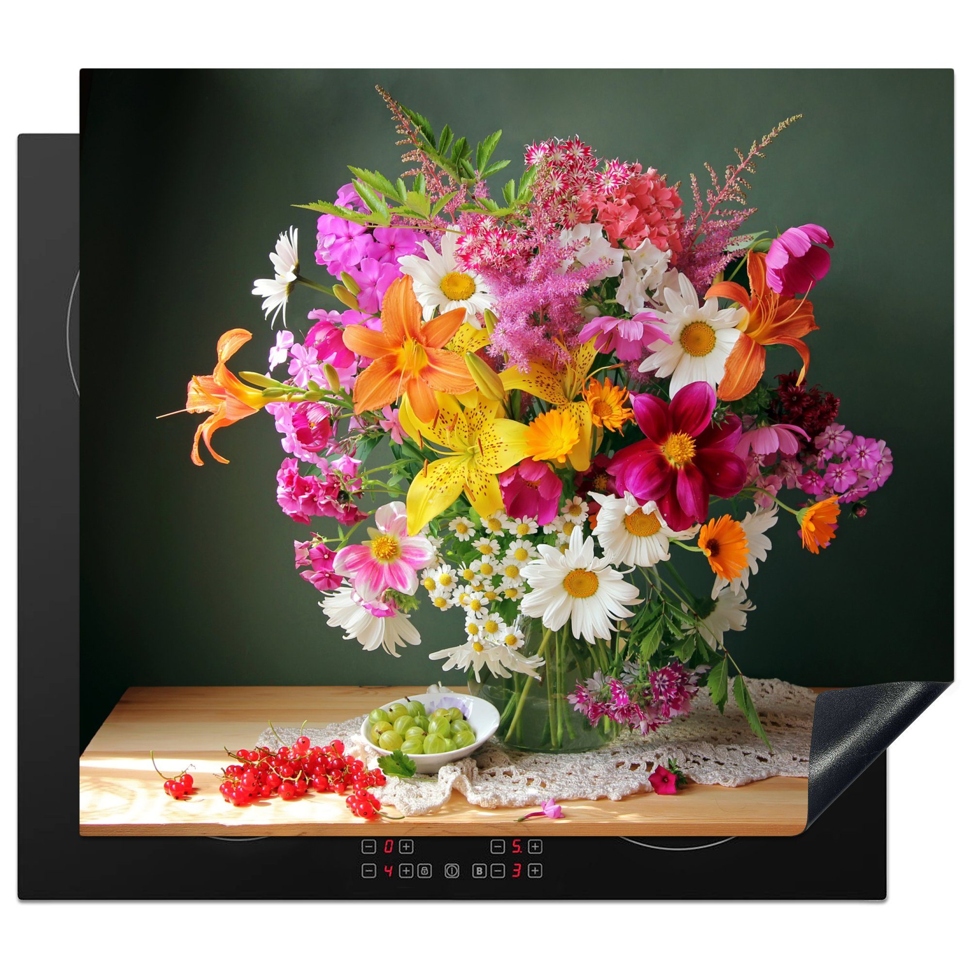 MuchoWow Herdblende-/Abdeckplatte Blumenstrauß - Stilleben - Obst, Vinyl, (1 tlg), 59x52 cm, Ceranfeldabdeckung für die küche, Induktionsmatte