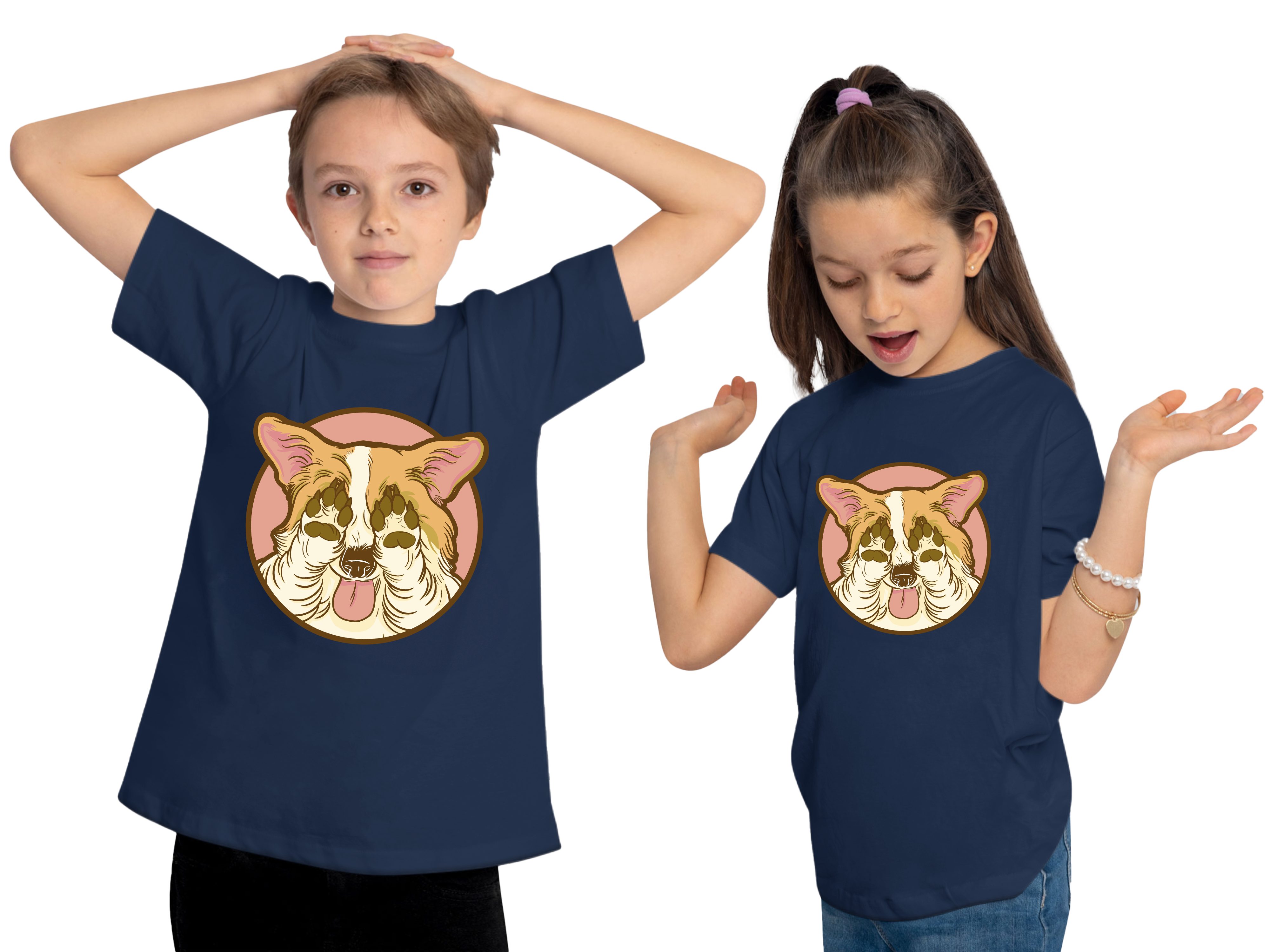 MyDesign24 Print-Shirt bedrucktes Augen Corgi Hunde der T-Shirt seine navy mit Aufdruck, - hält i226 Kinder zu Baumwollshirt blau