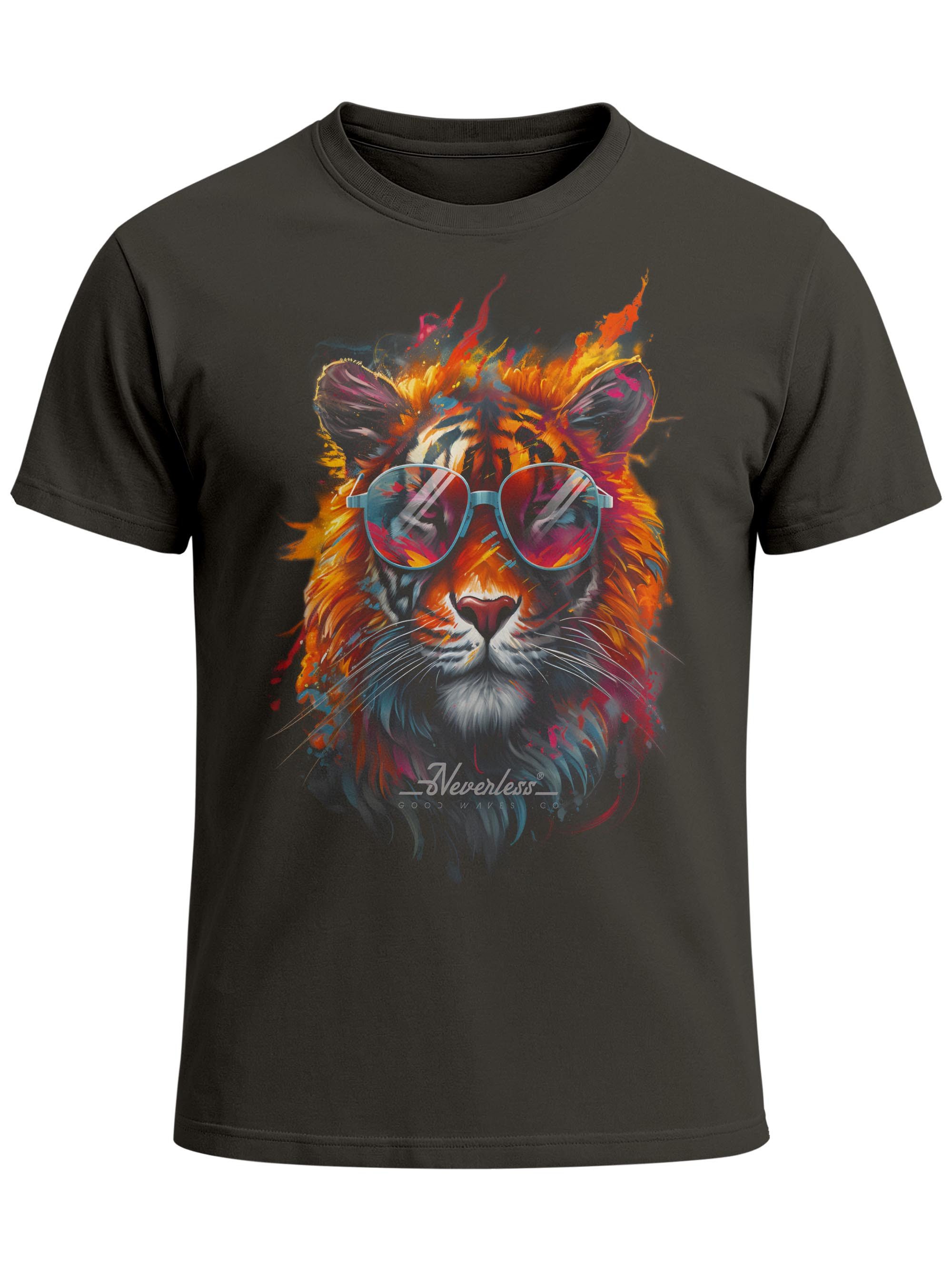 Print-Shirt Herren T-Shirt Tiger Print Aufdruck Flammen Sommer Sonnenbrille Kunst